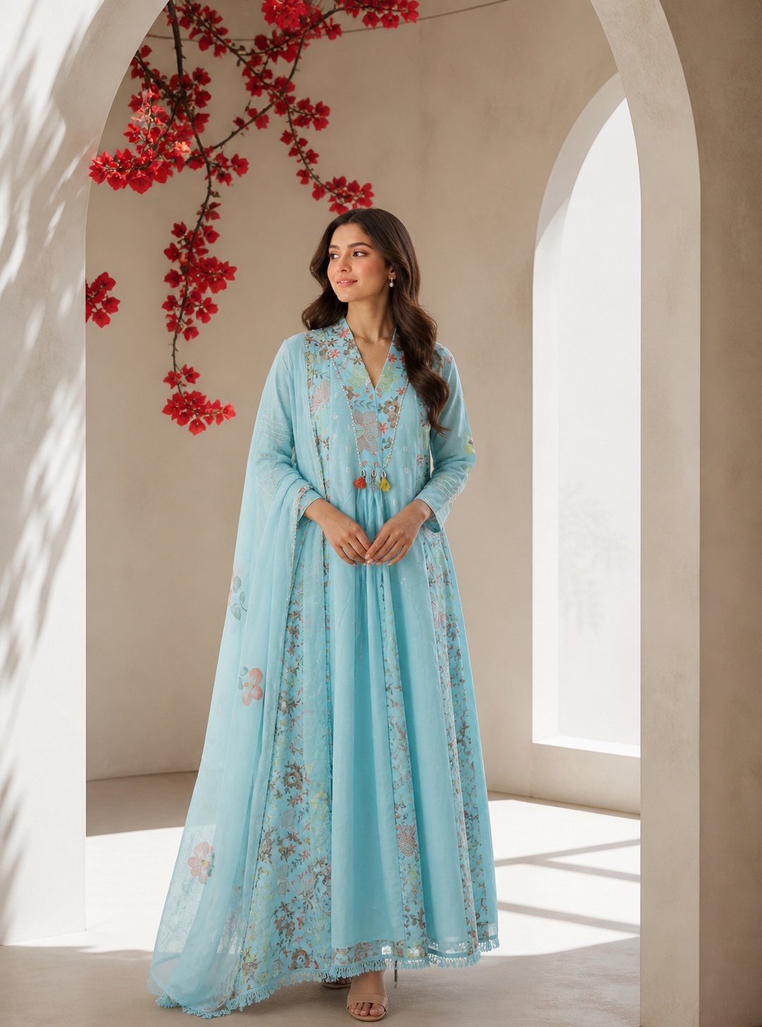 Sky Blue Cotton Anarkali Set