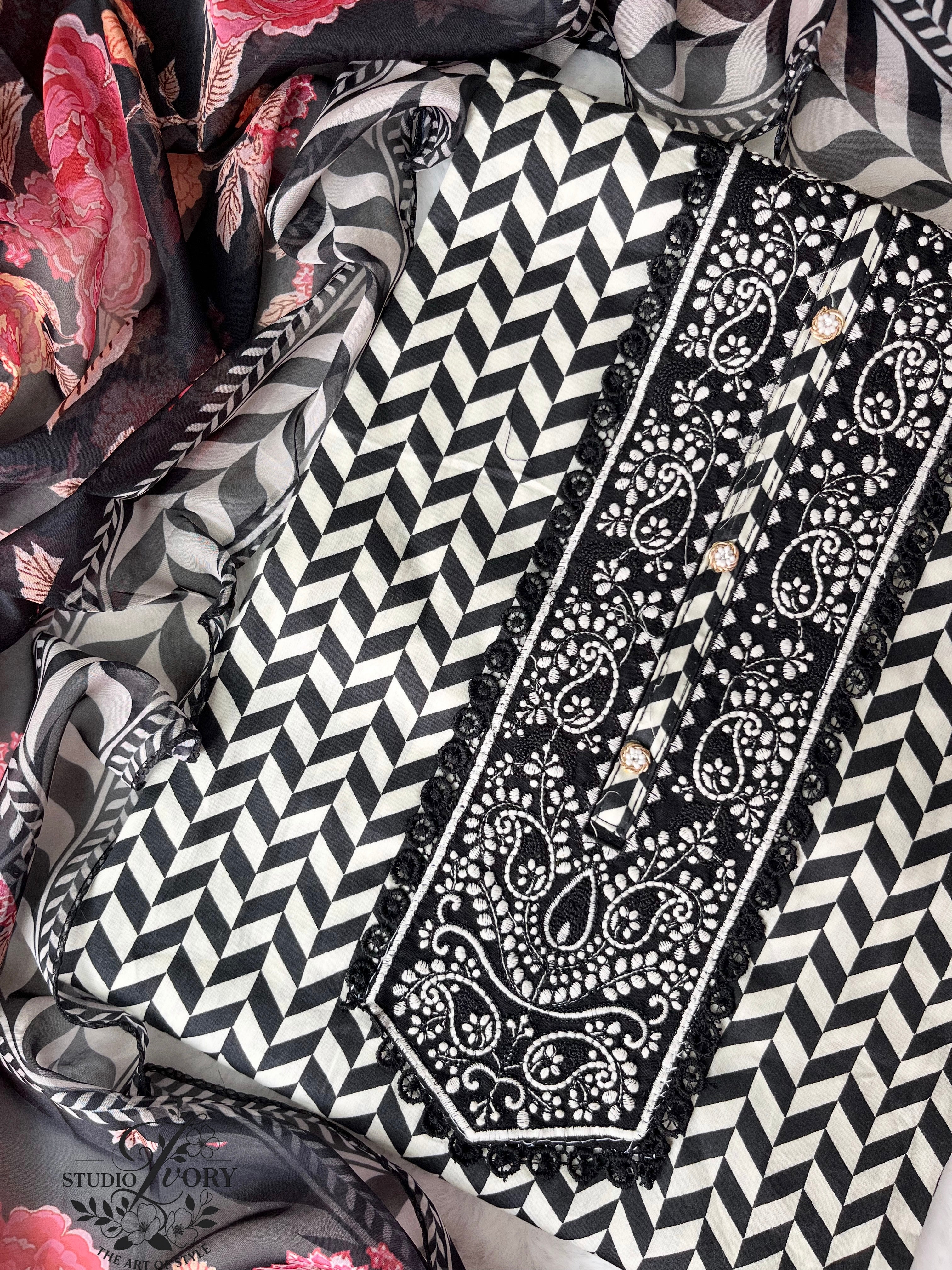 Midnight Chevron Modal Unstitched Suit