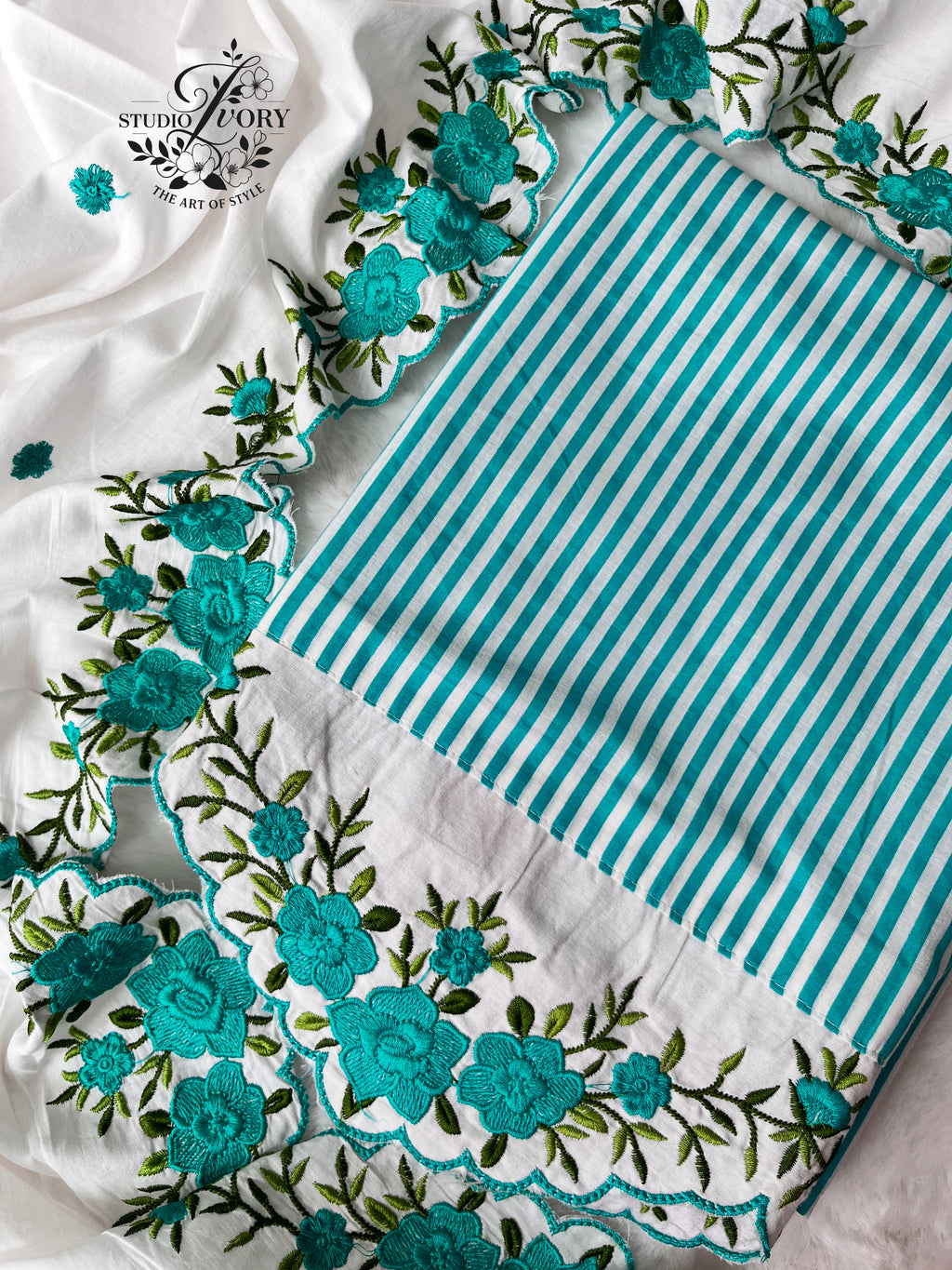 Teal Blue Classic Stripes Cotton Unstitched Suit