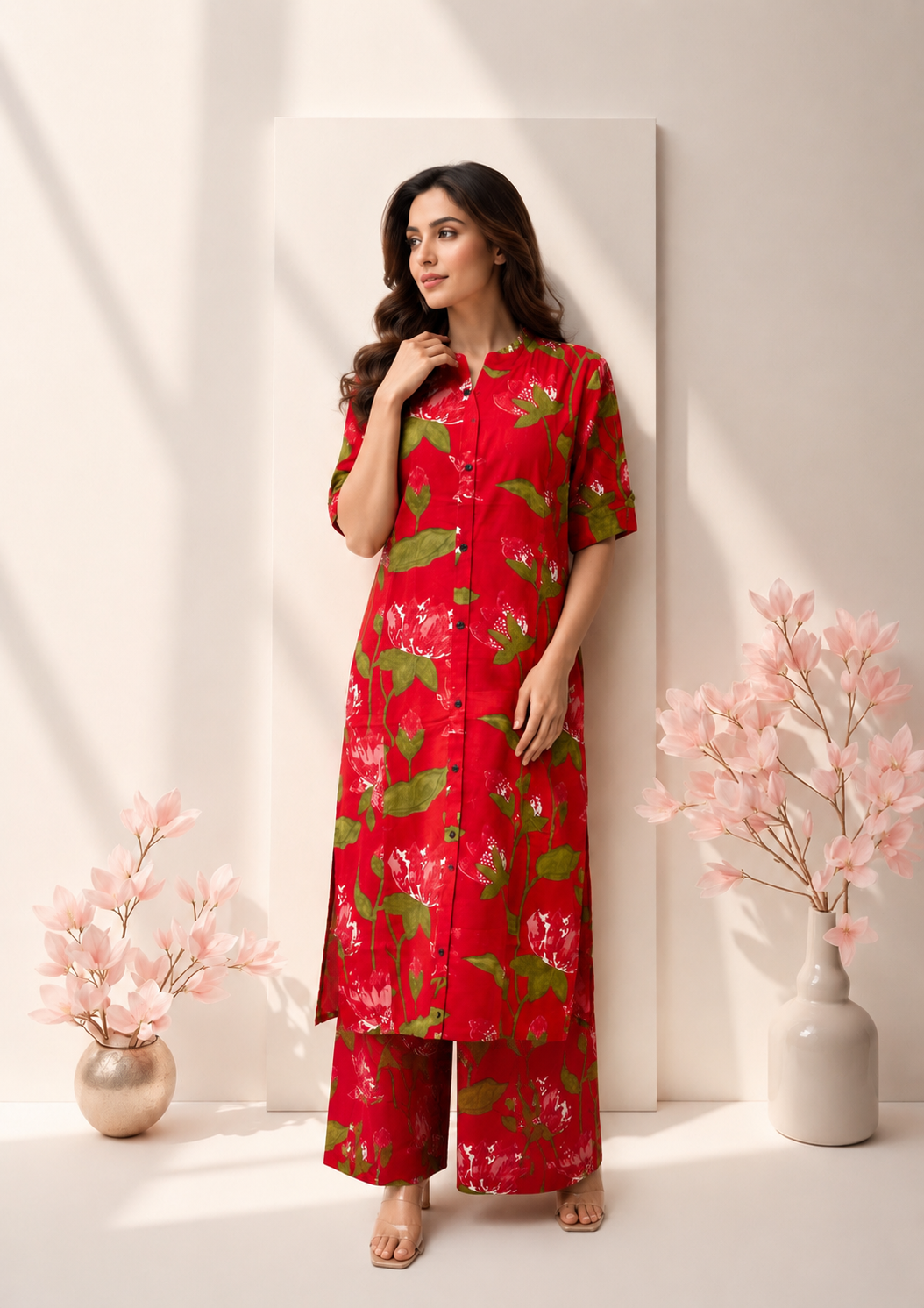 Crimson Bloom Cotton Co-Ord Set