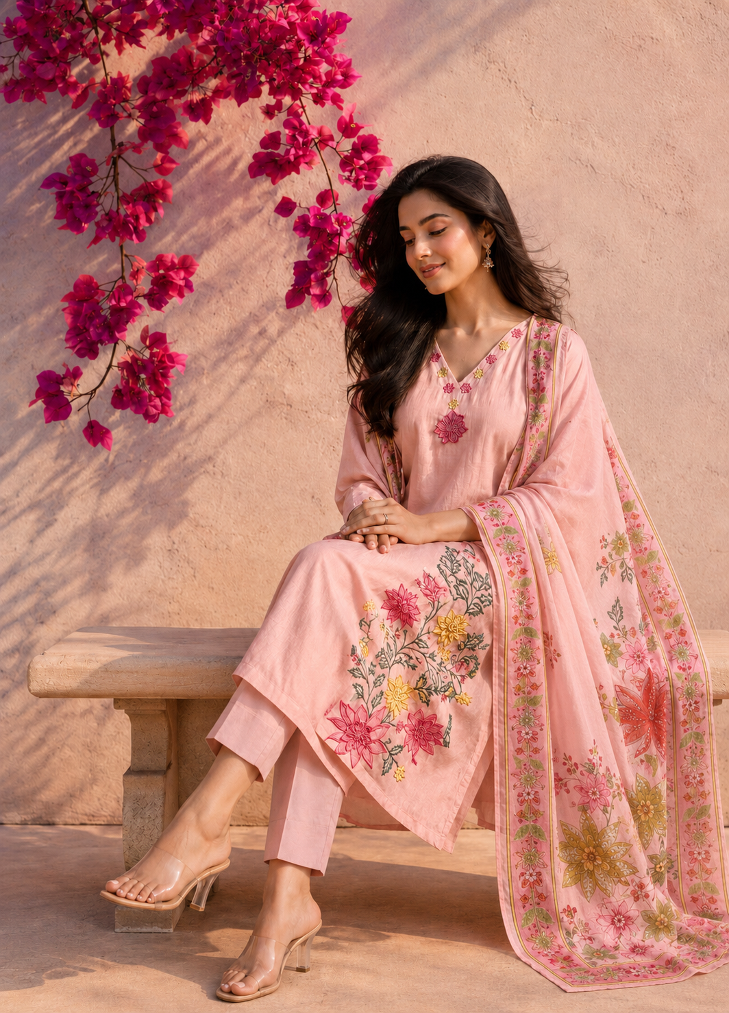 Blush pink Mul Chanderi suit