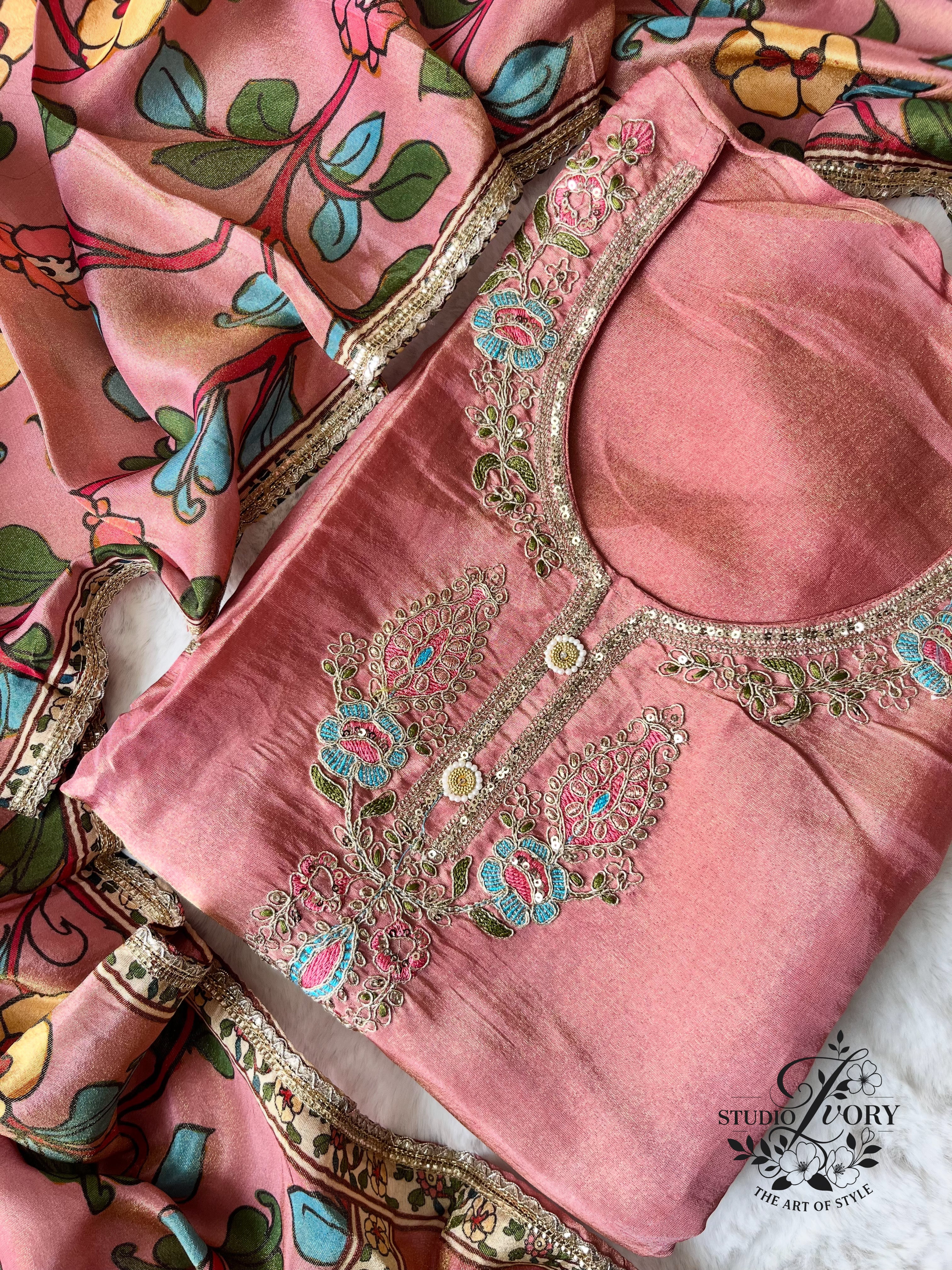 Blush Bloom Tissue Silk Unstitched Suit