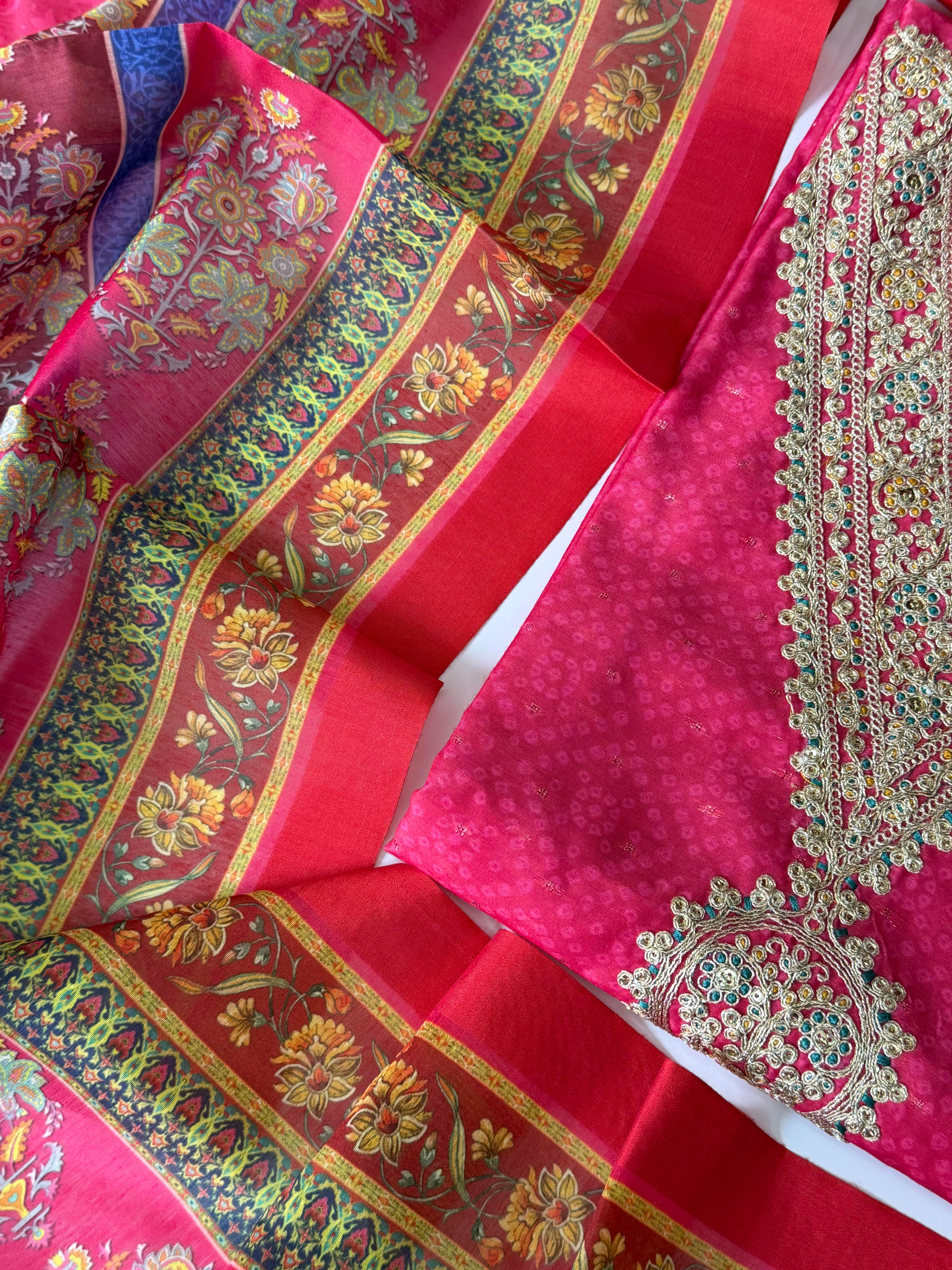 Rani Pink Unstitched 3-Piece Chanderi Suit Set