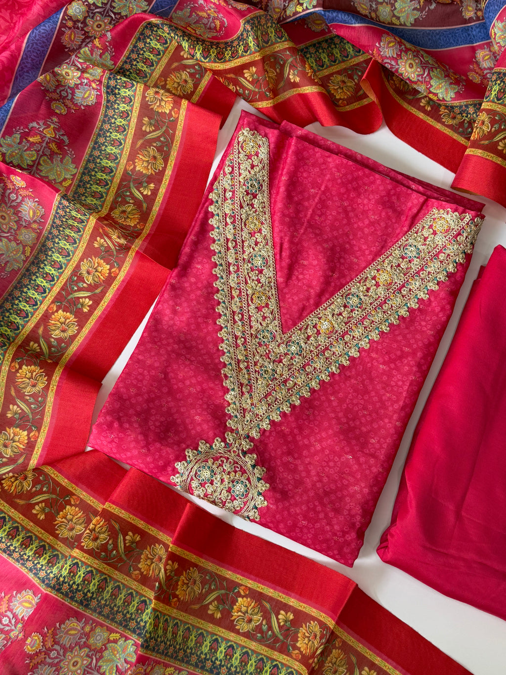 Rani Pink Unstitched 3-Piece Chanderi Suit Set