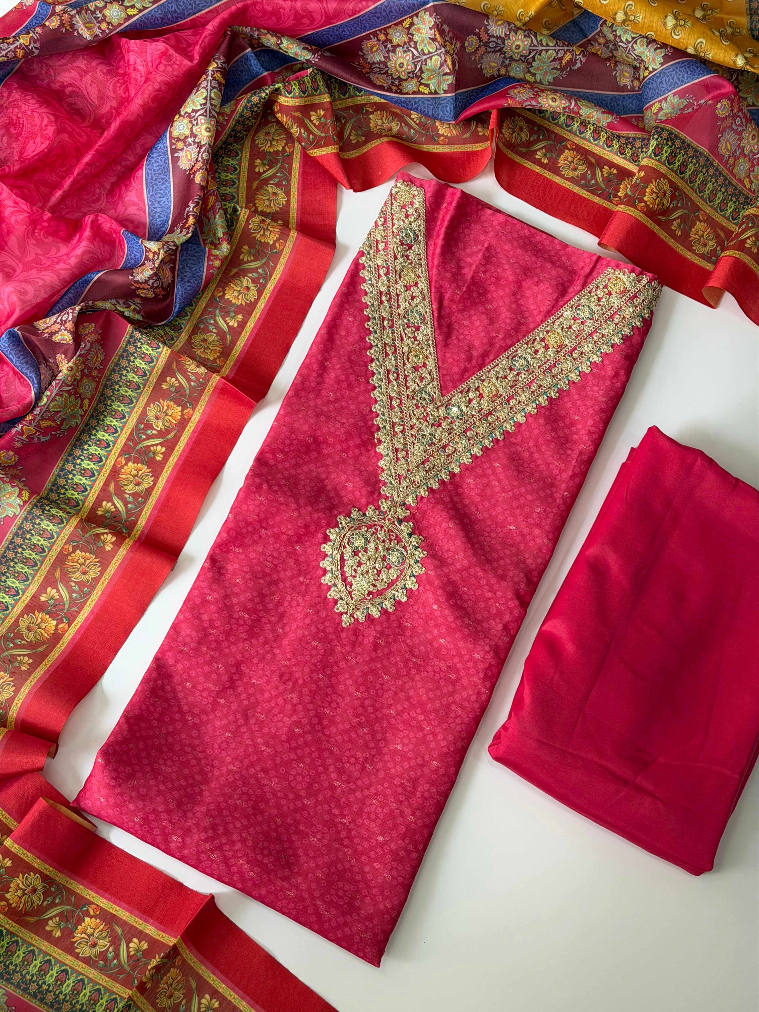 Rani Pink Unstitched 3-Piece Chanderi Suit Set