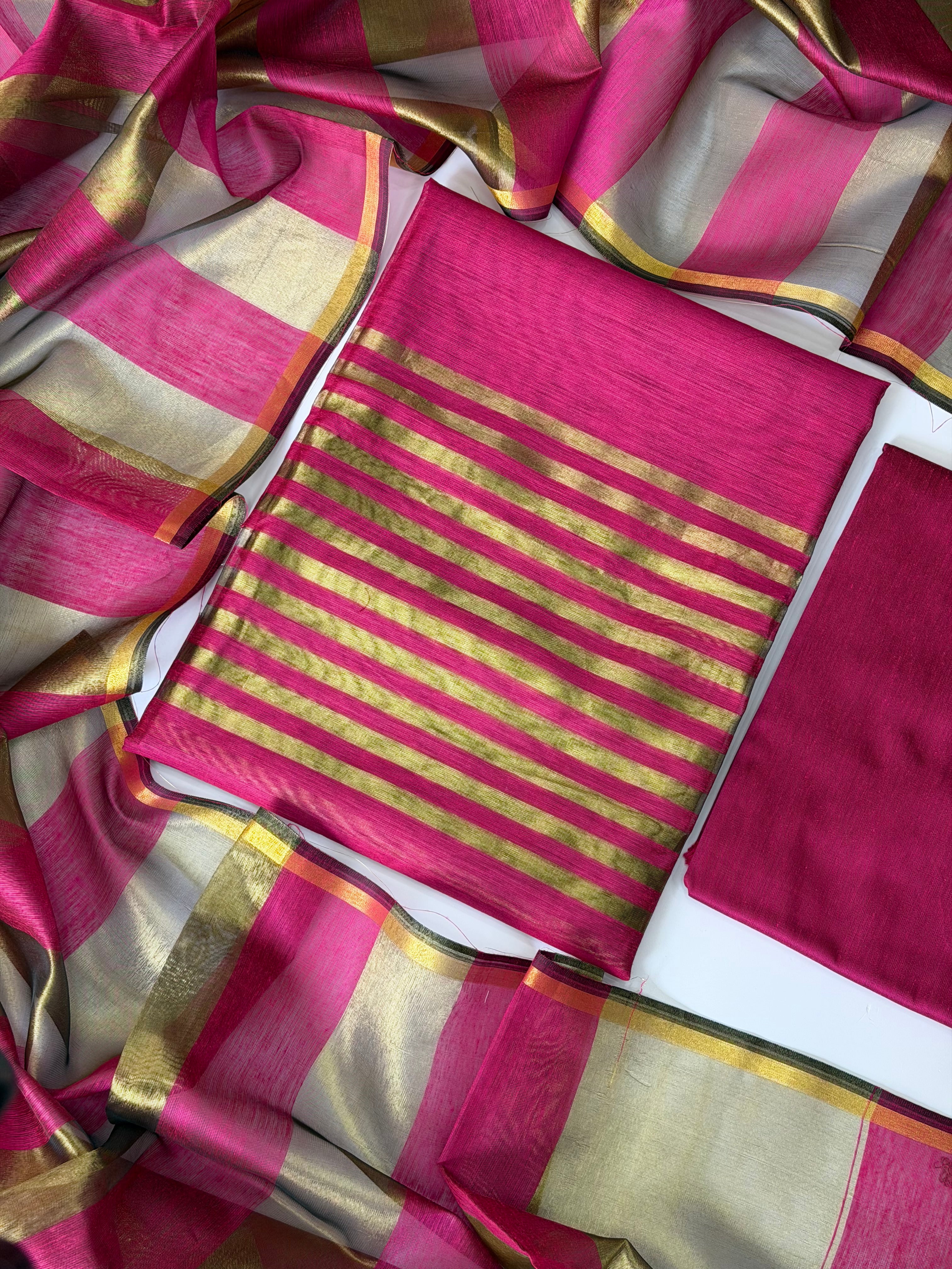 Rani Pink Stripes Unstitched Chanderi Suit