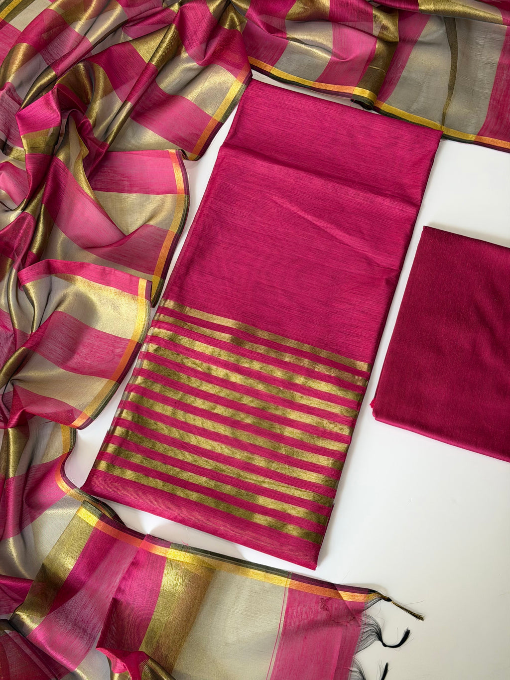 Rani Pink Stripes Unstitched Chanderi Suit