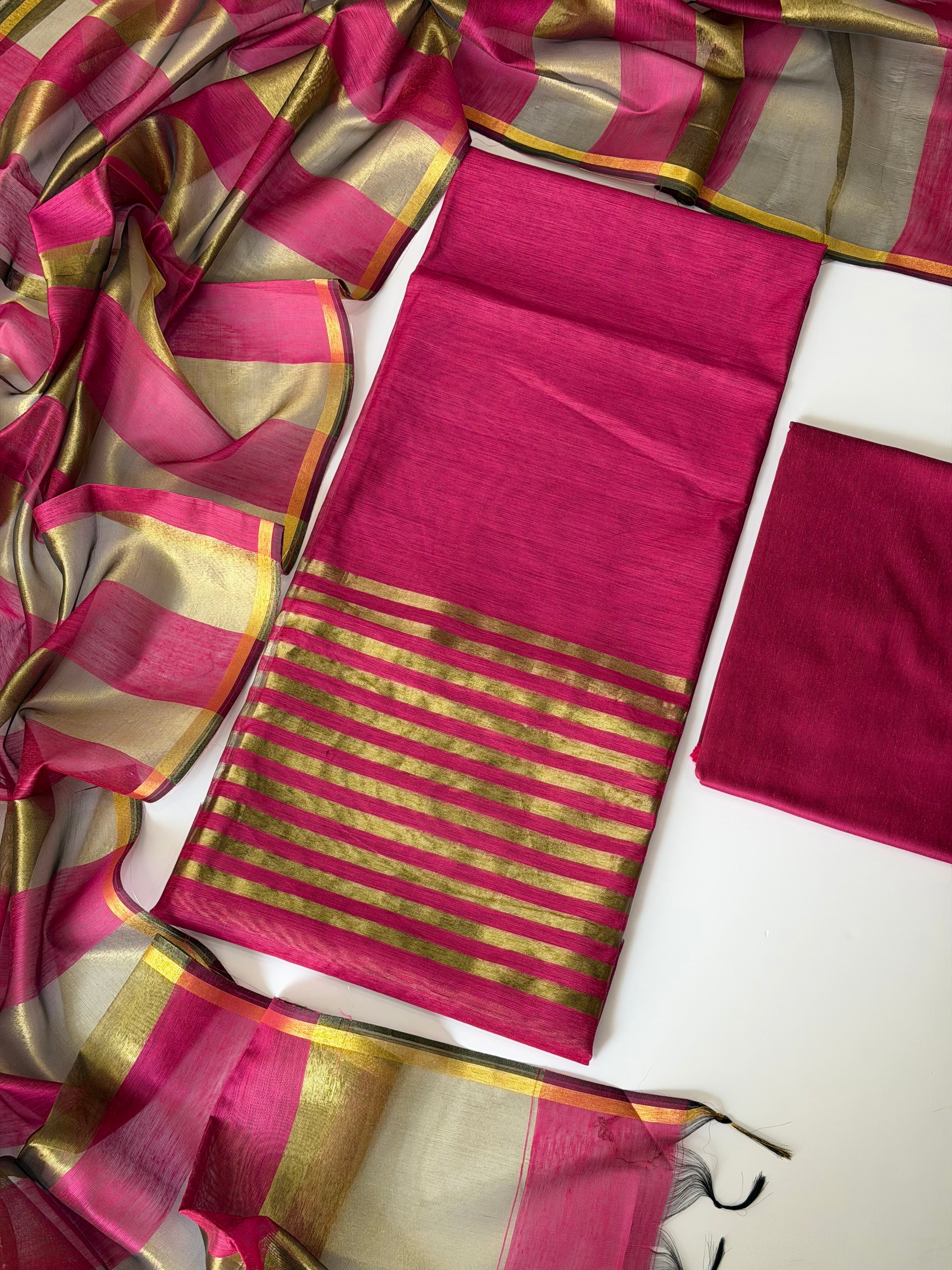Rani Pink Stripes Unstitched Chanderi Suit