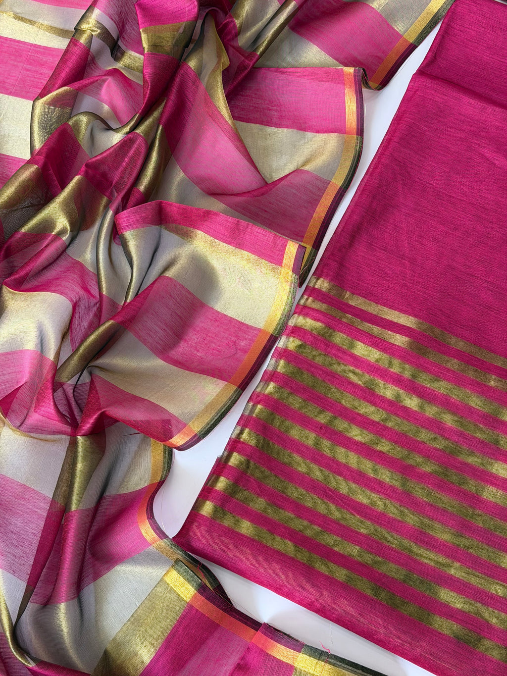 Rani Pink Stripes Unstitched Chanderi Suit