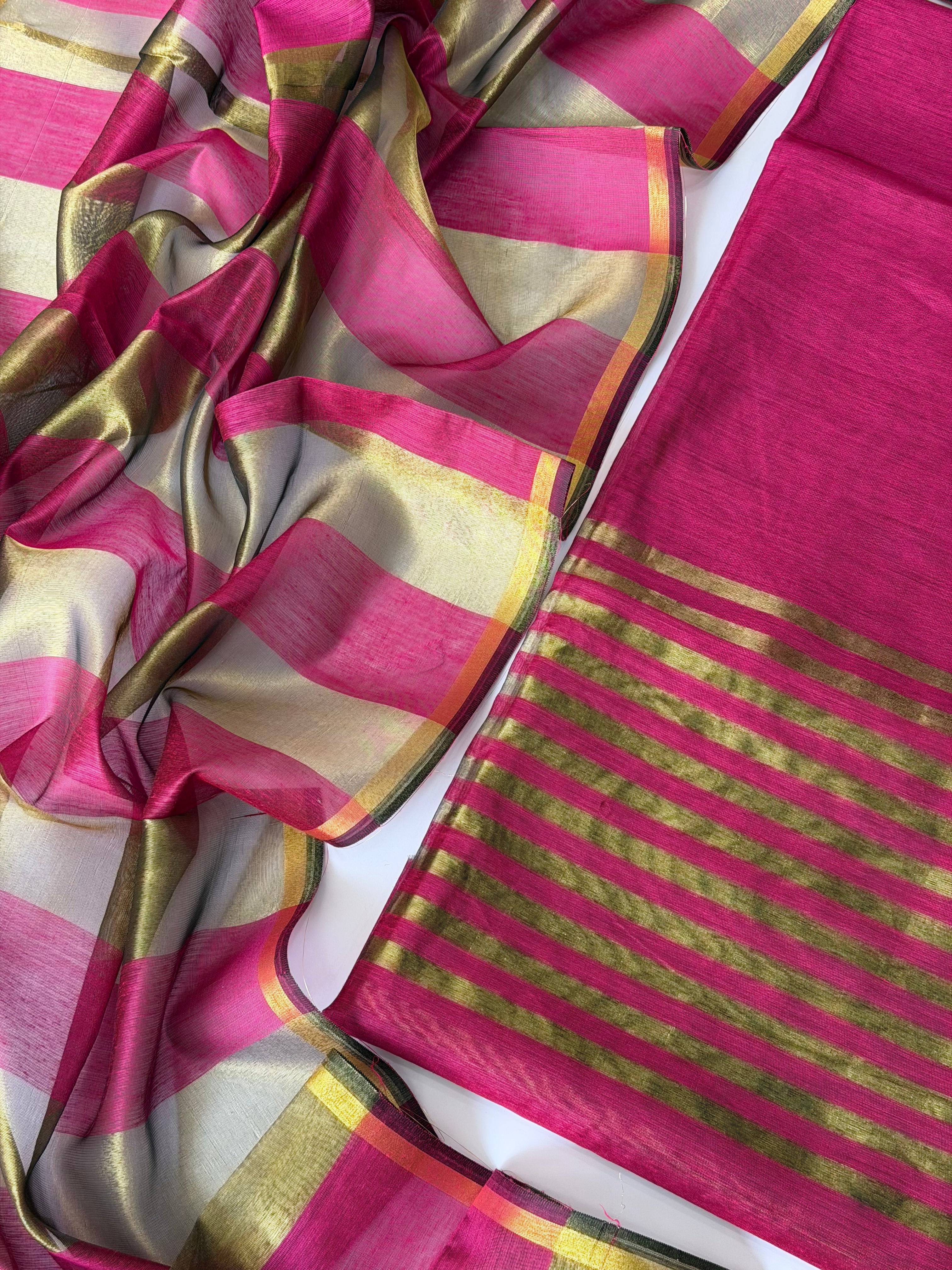 Rani Pink Stripes Unstitched Chanderi Suit