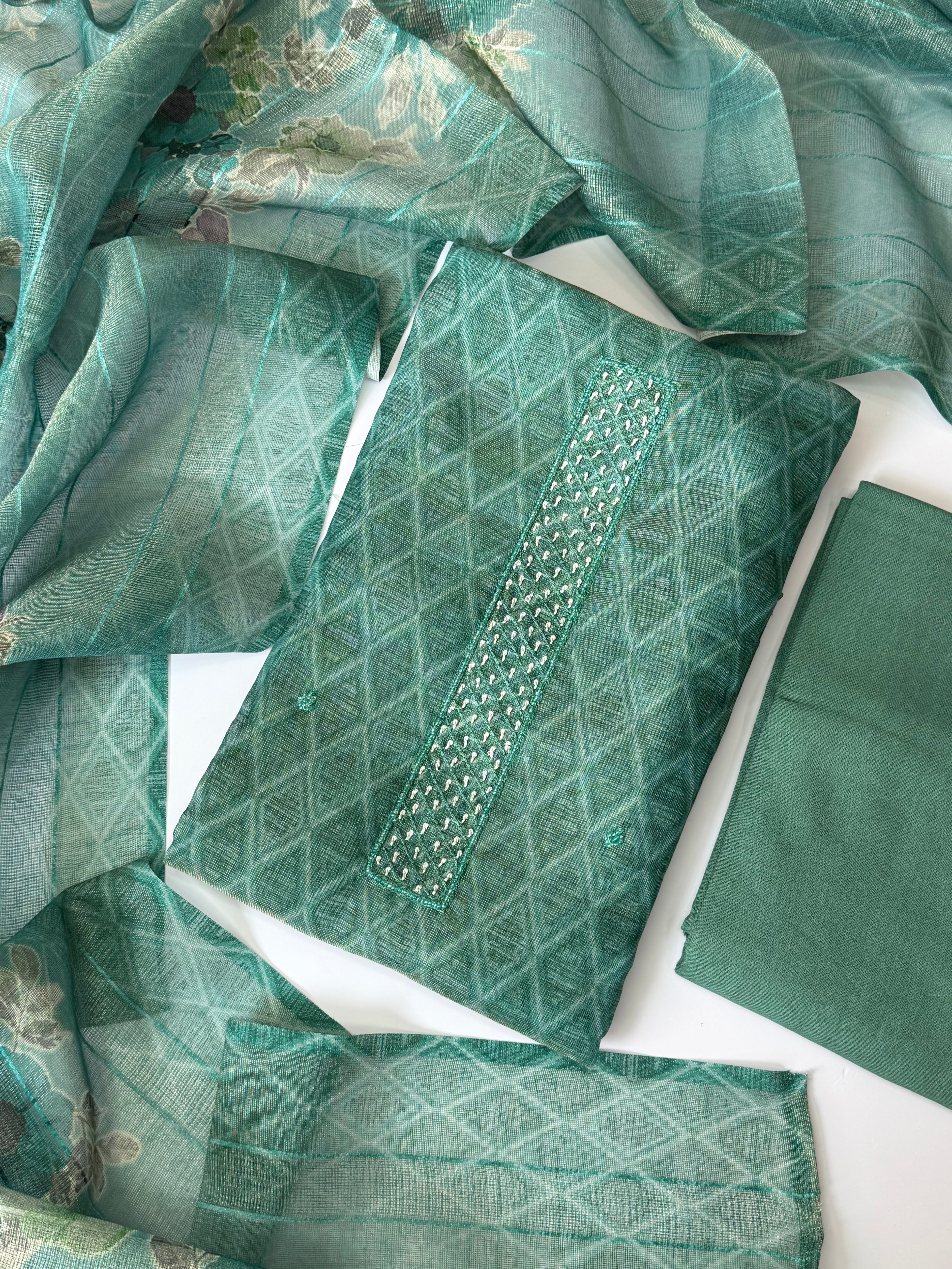 Sea Blue Shimmer Tissue Unstitched 3-Piece Suit Set