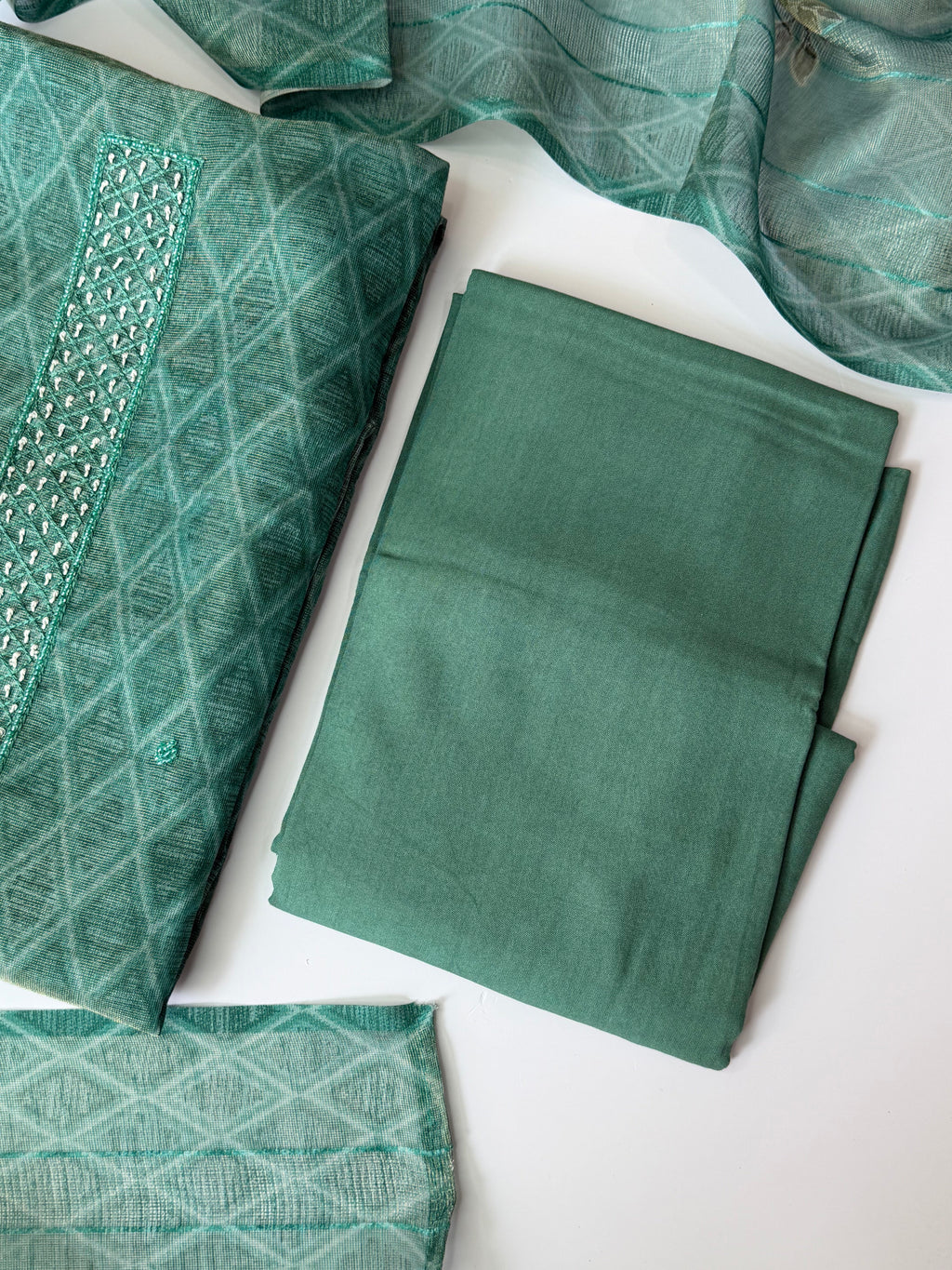 Sea Blue Shimmer Tissue Unstitched 3-Piece Suit Set