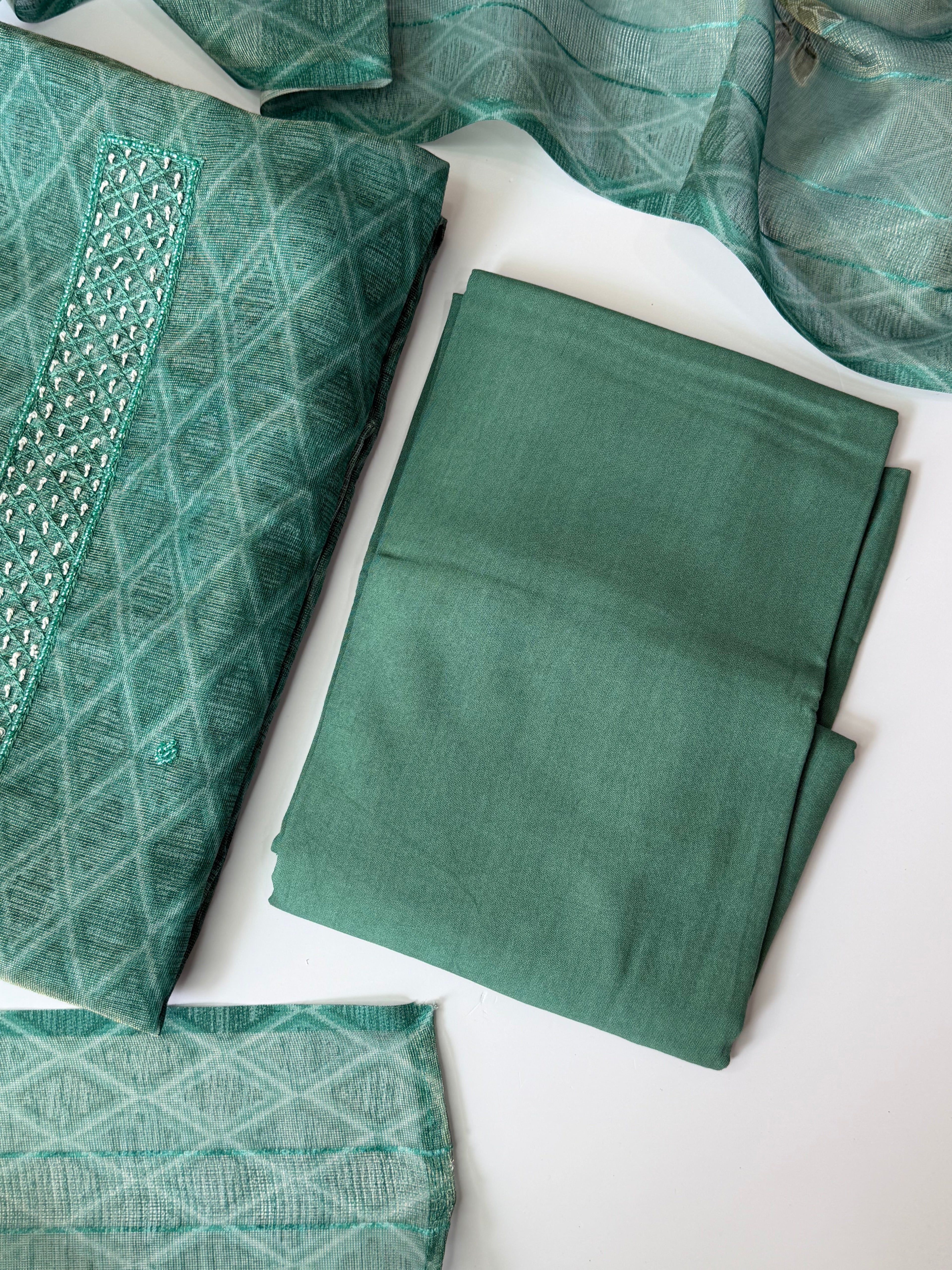 Sea Blue Shimmer Tissue Unstitched 3-Piece Suit Set