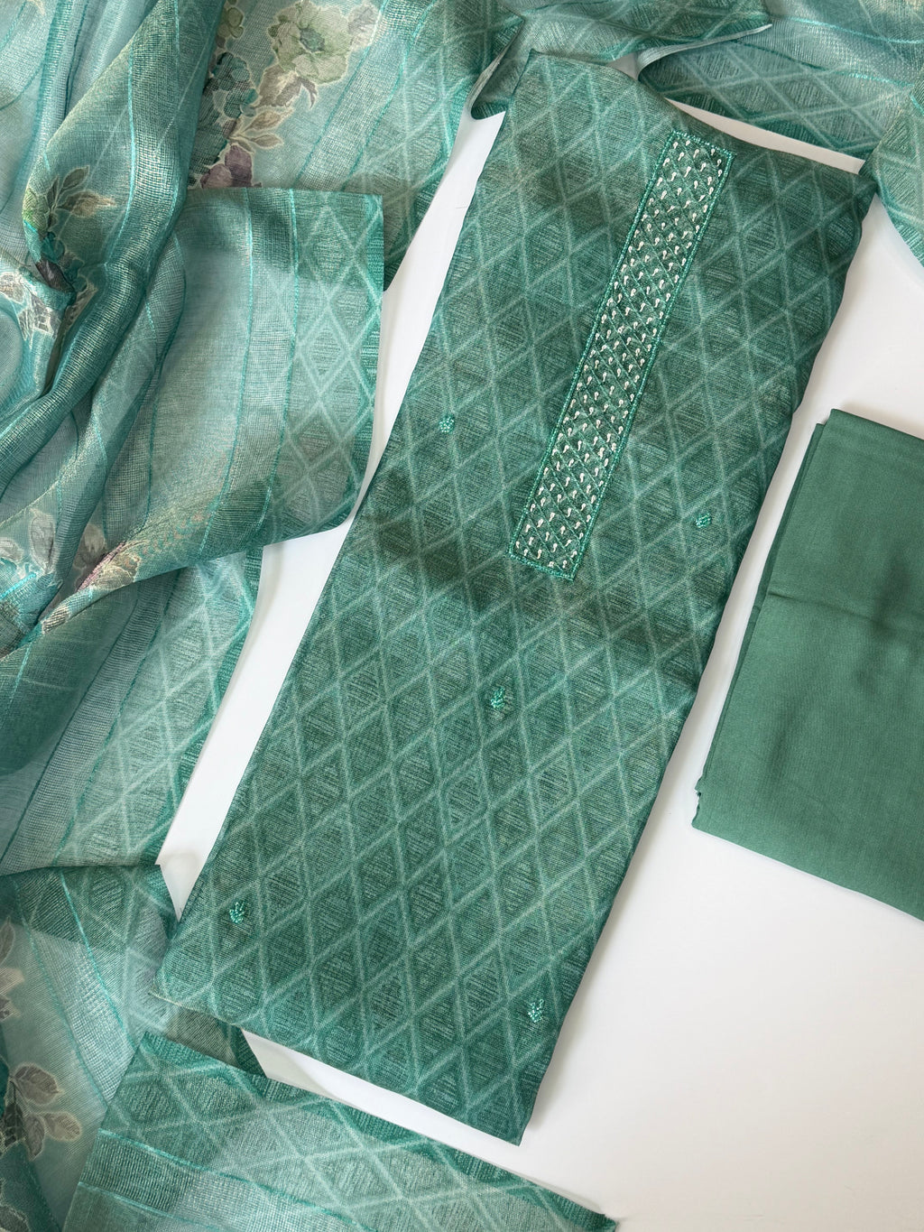 Sea Blue Shimmer Tissue Unstitched 3-Piece Suit Set