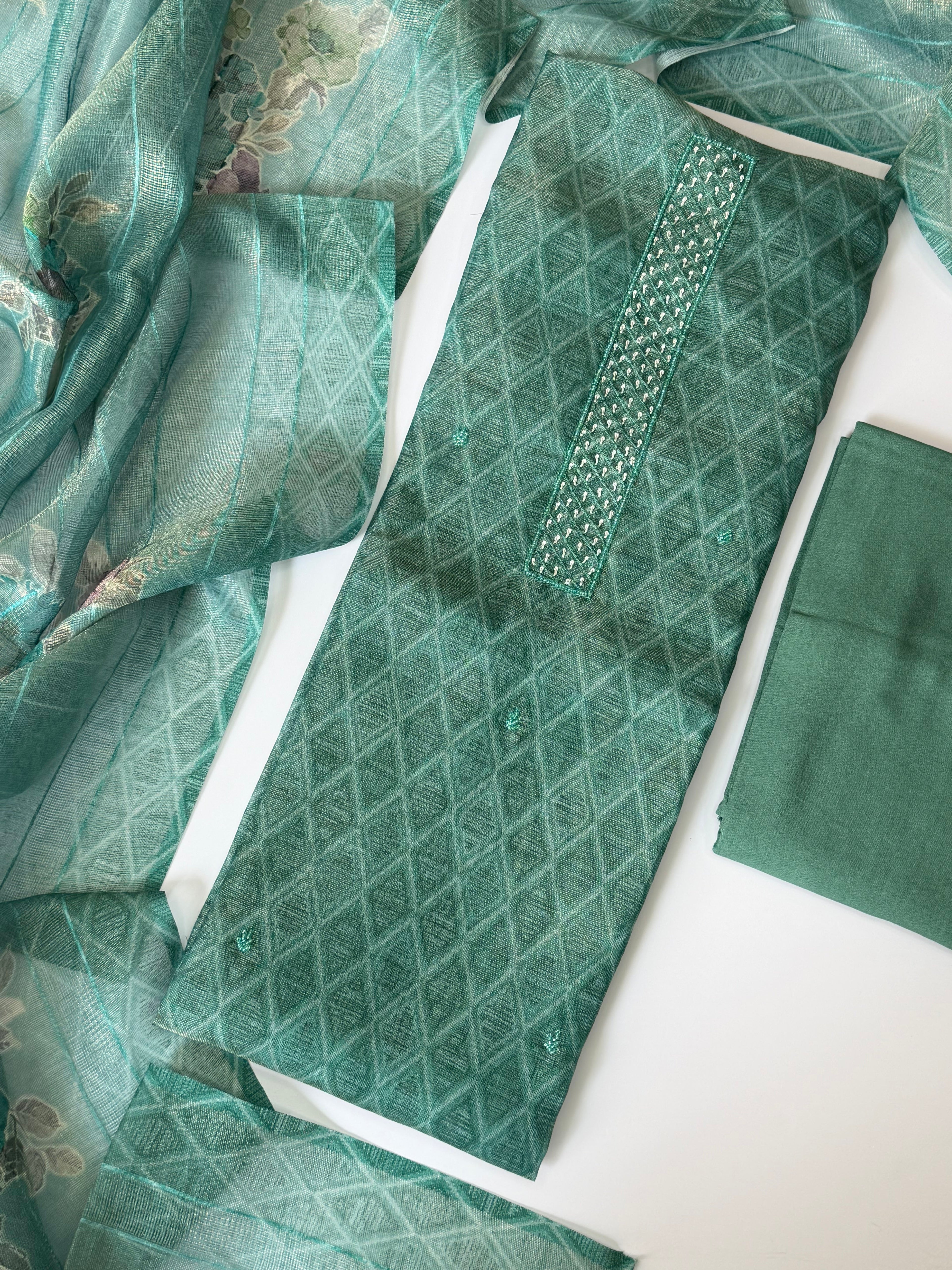 Sea Blue Shimmer Tissue Unstitched 3-Piece Suit Set