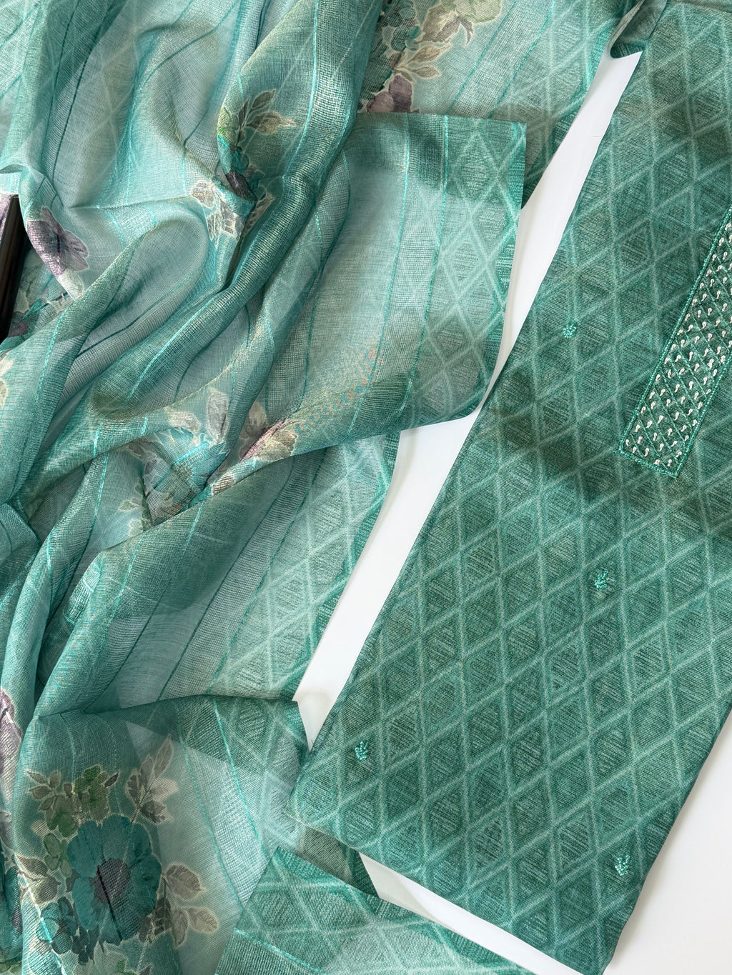 Sea Blue Shimmer Tissue Unstitched 3-Piece Suit Set