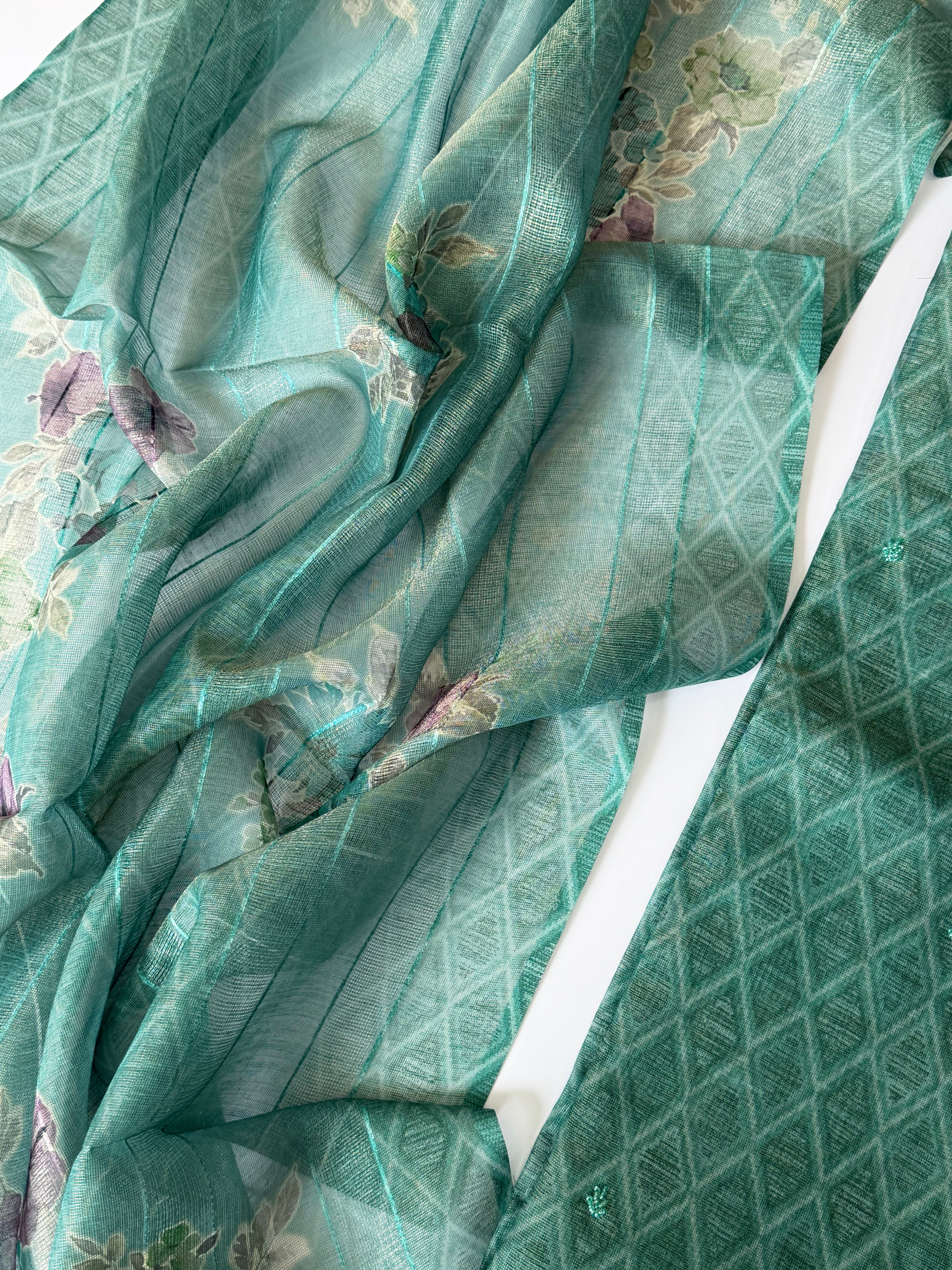 Sea Blue Shimmer Tissue Unstitched 3-Piece Suit Set
