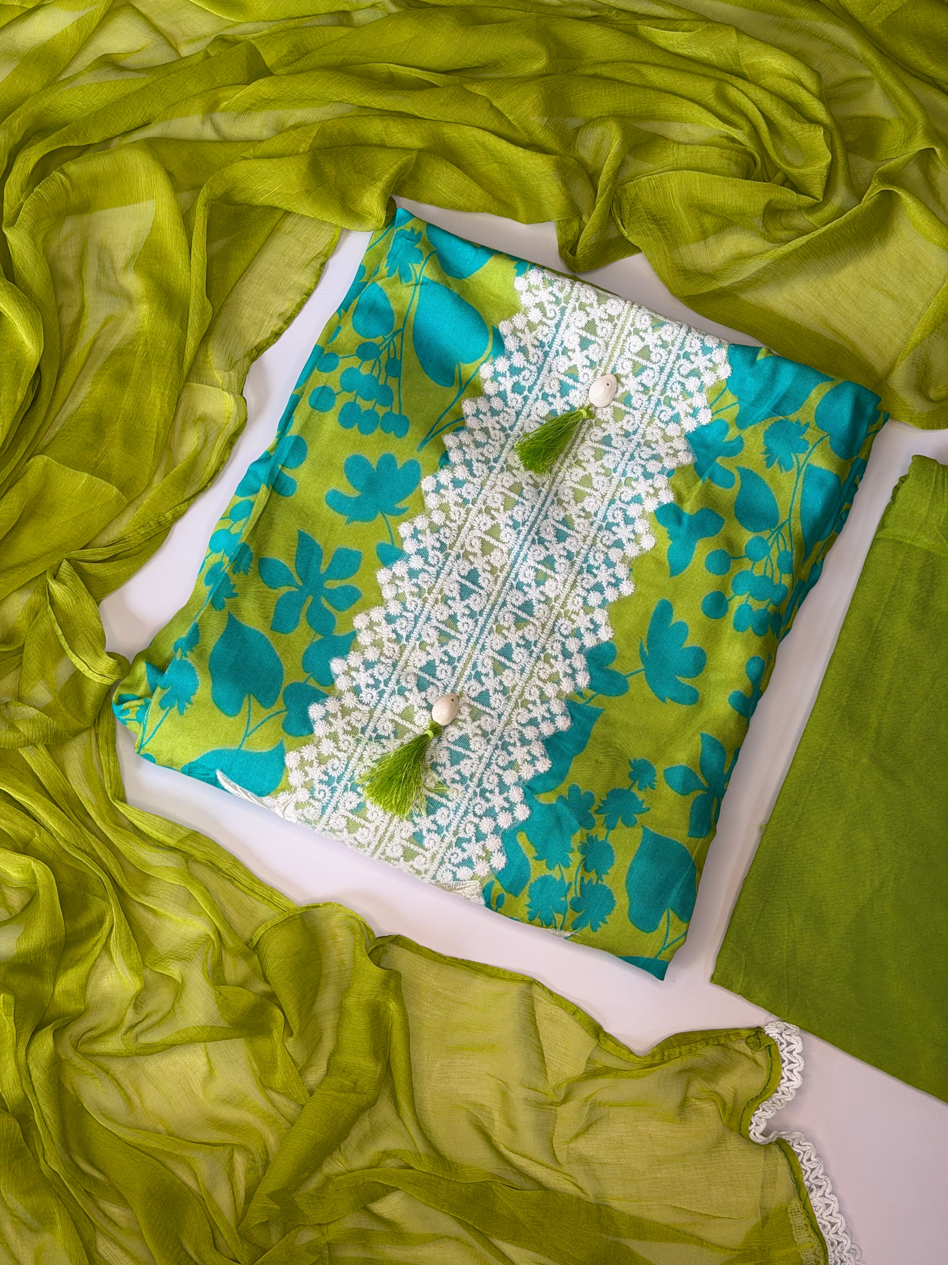 Lime Green Floral Muslin Unstitched 3-Piece Suit Set