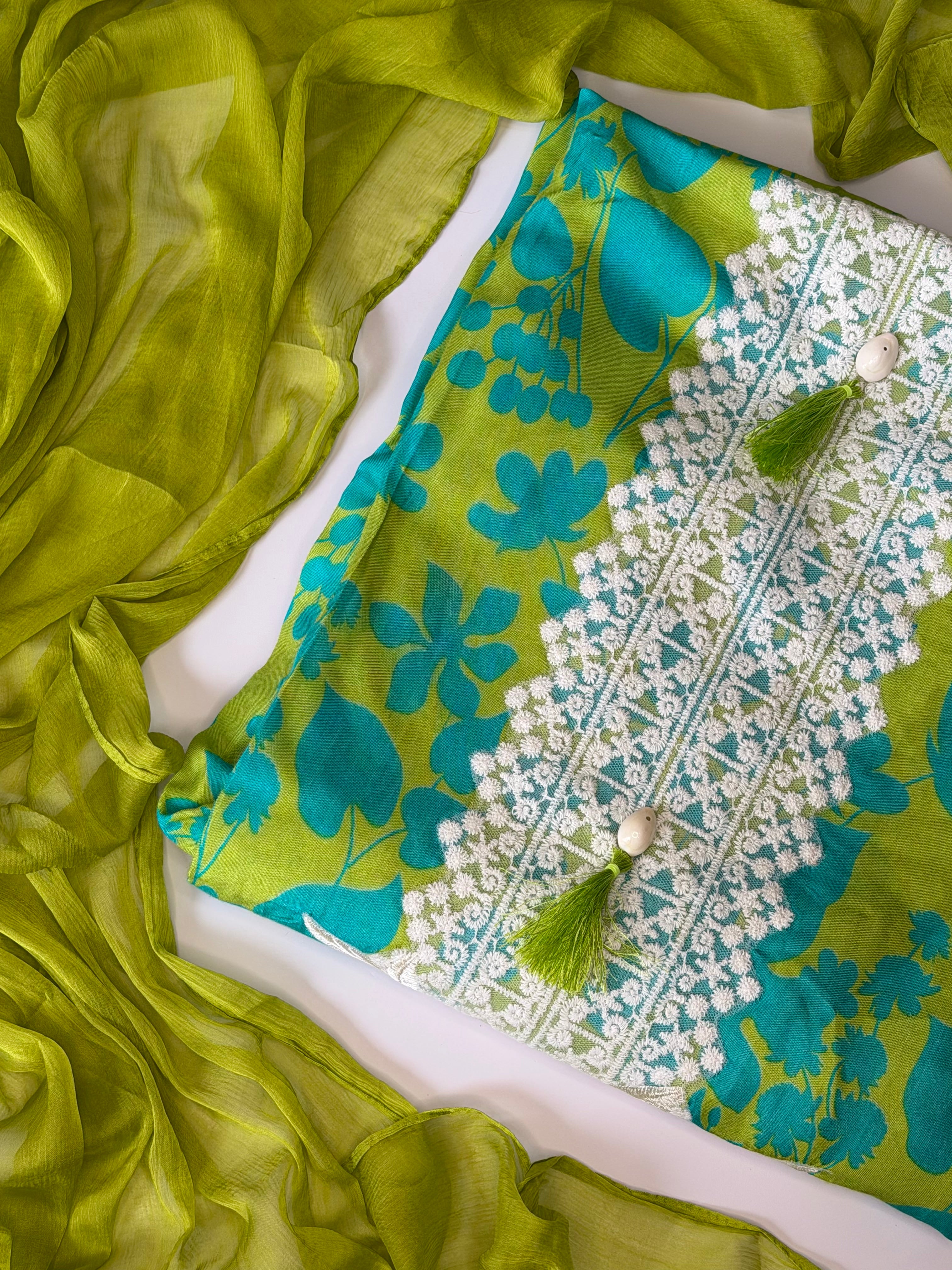 Lime Green Floral Muslin Unstitched 3-Piece Suit Set