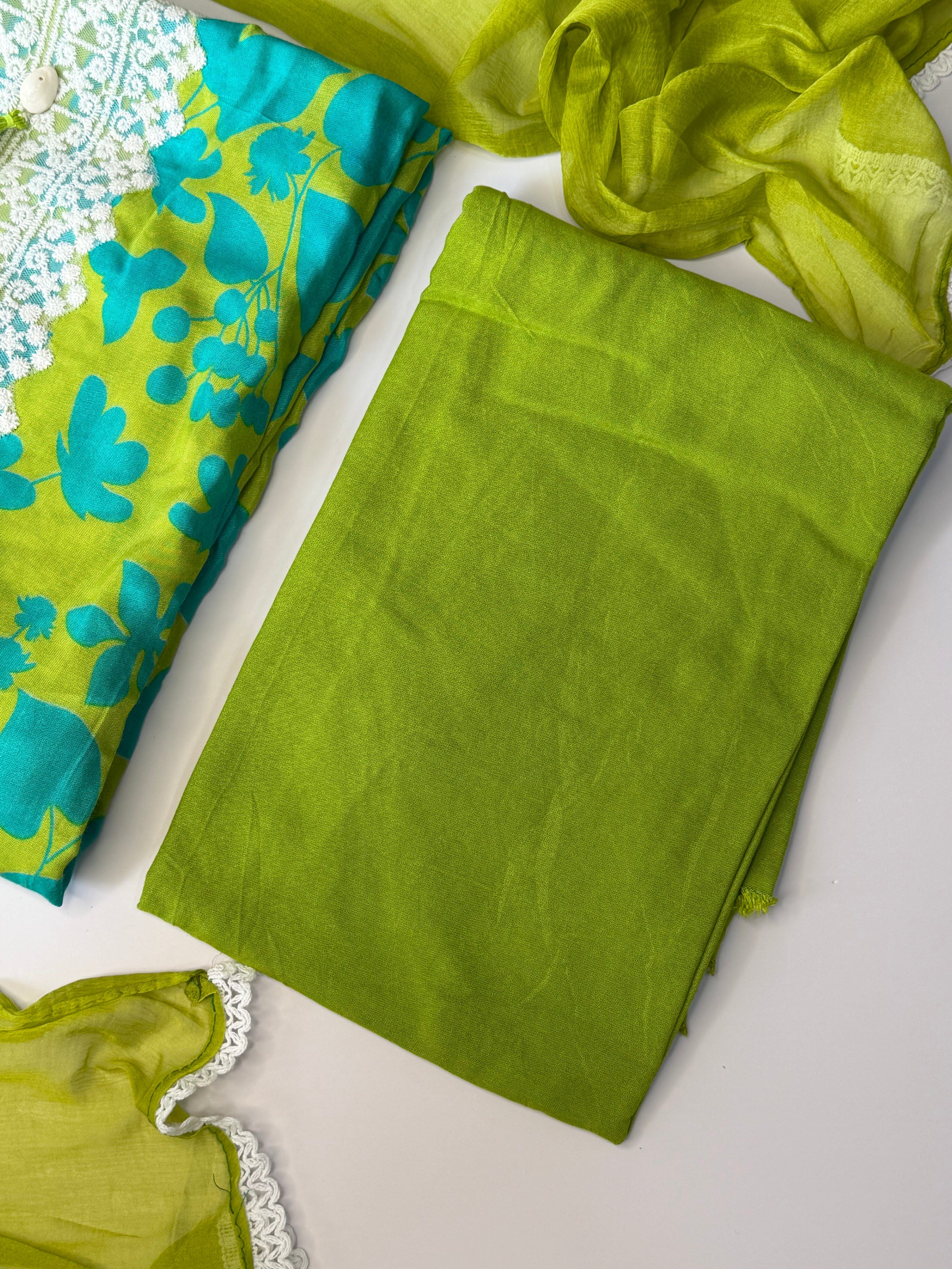 Lime Green Floral Muslin Unstitched 3-Piece Suit Set