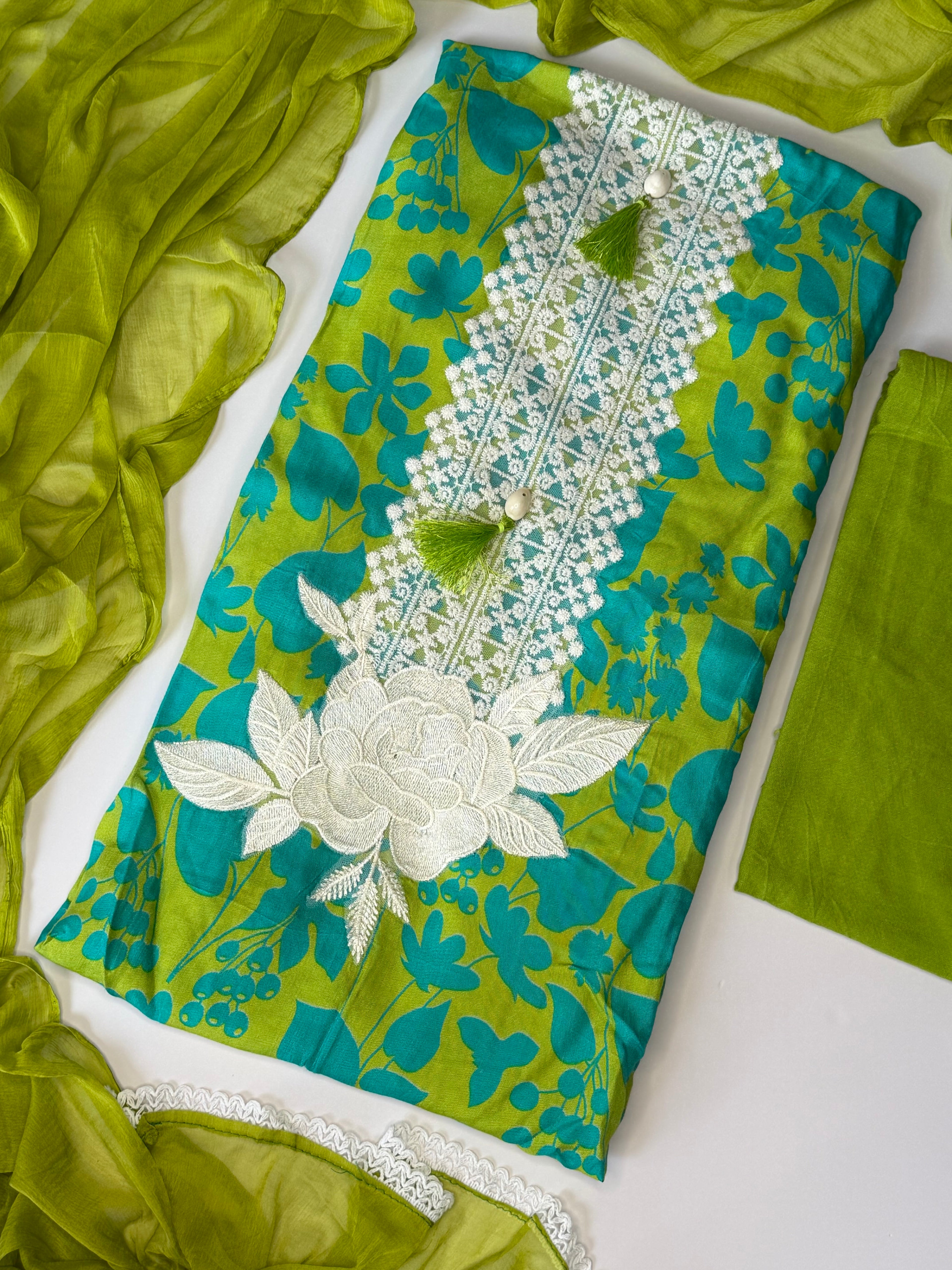 Lime Green Floral Muslin Unstitched 3-Piece Suit Set