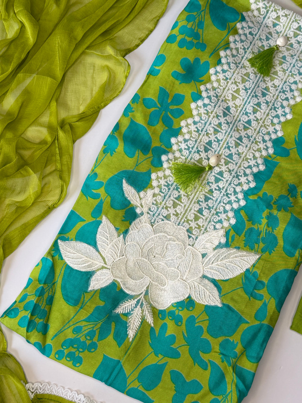 Lime Green Floral Muslin Unstitched 3-Piece Suit Set
