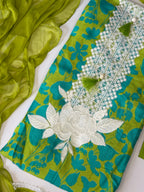 Lime Green Floral Muslin Unstitched 3-Piece Suit Set