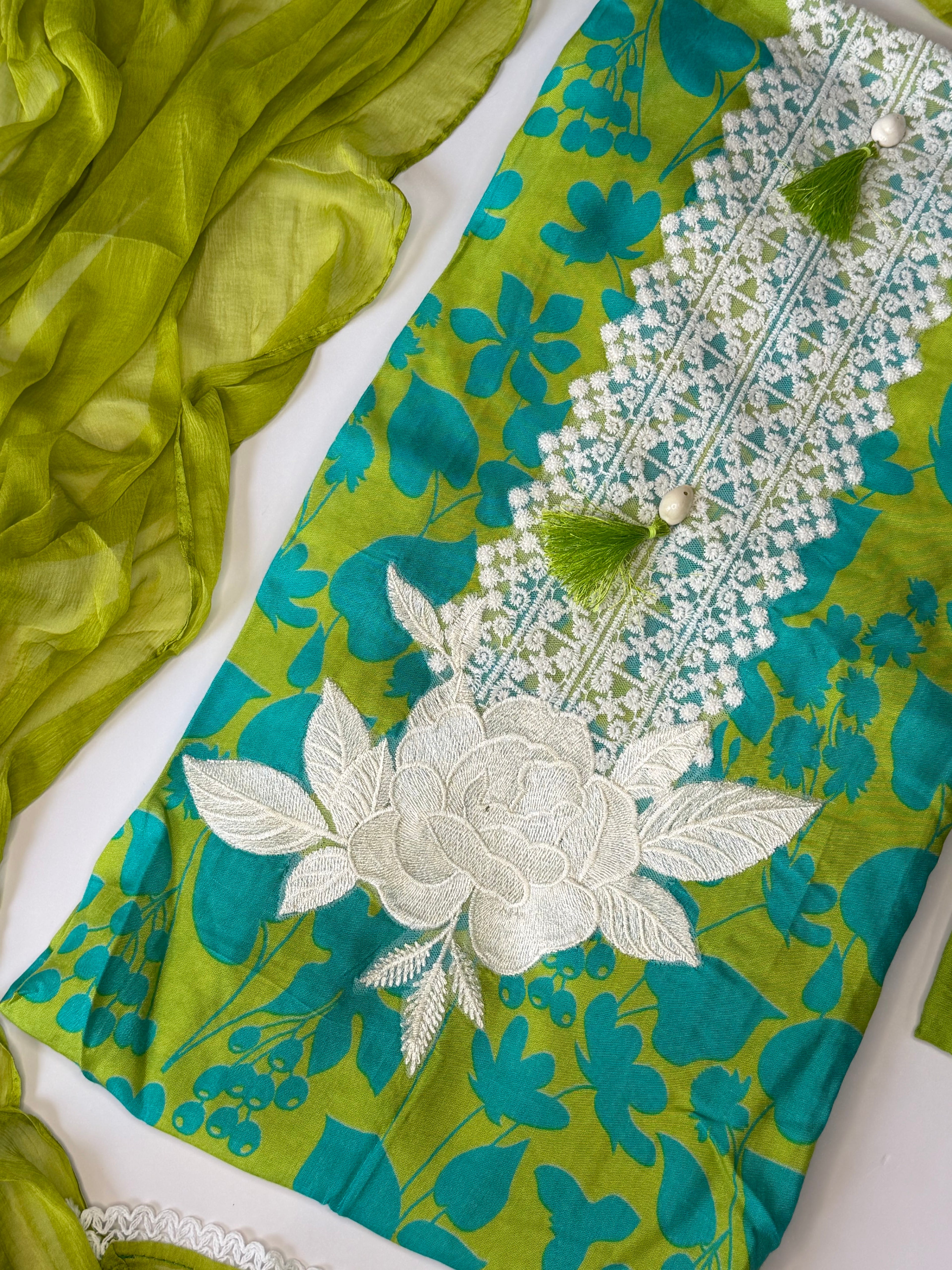 Lime Green Floral Muslin Unstitched 3-Piece Suit Set