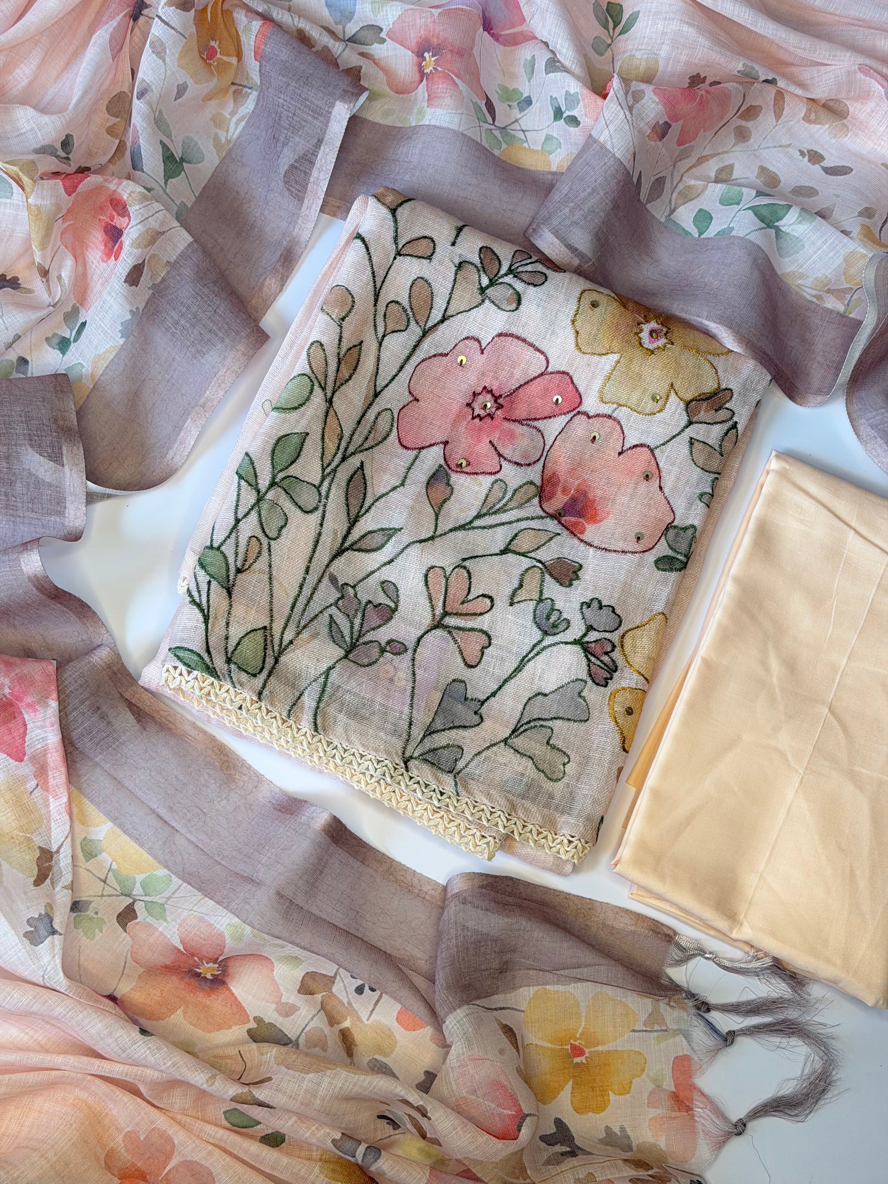 Floral Linen Unstitched Suit Set