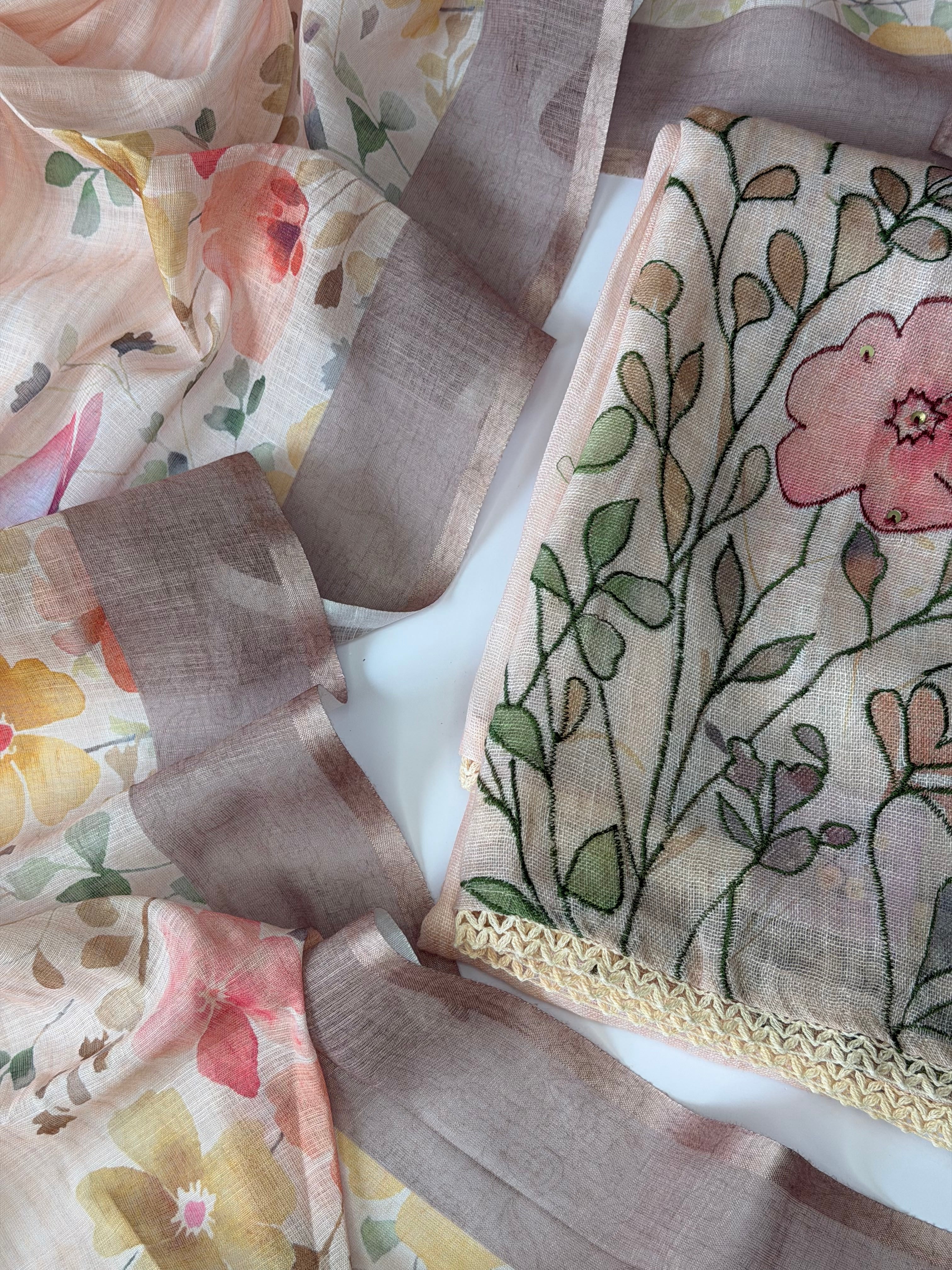 Floral Linen Unstitched Suit Set