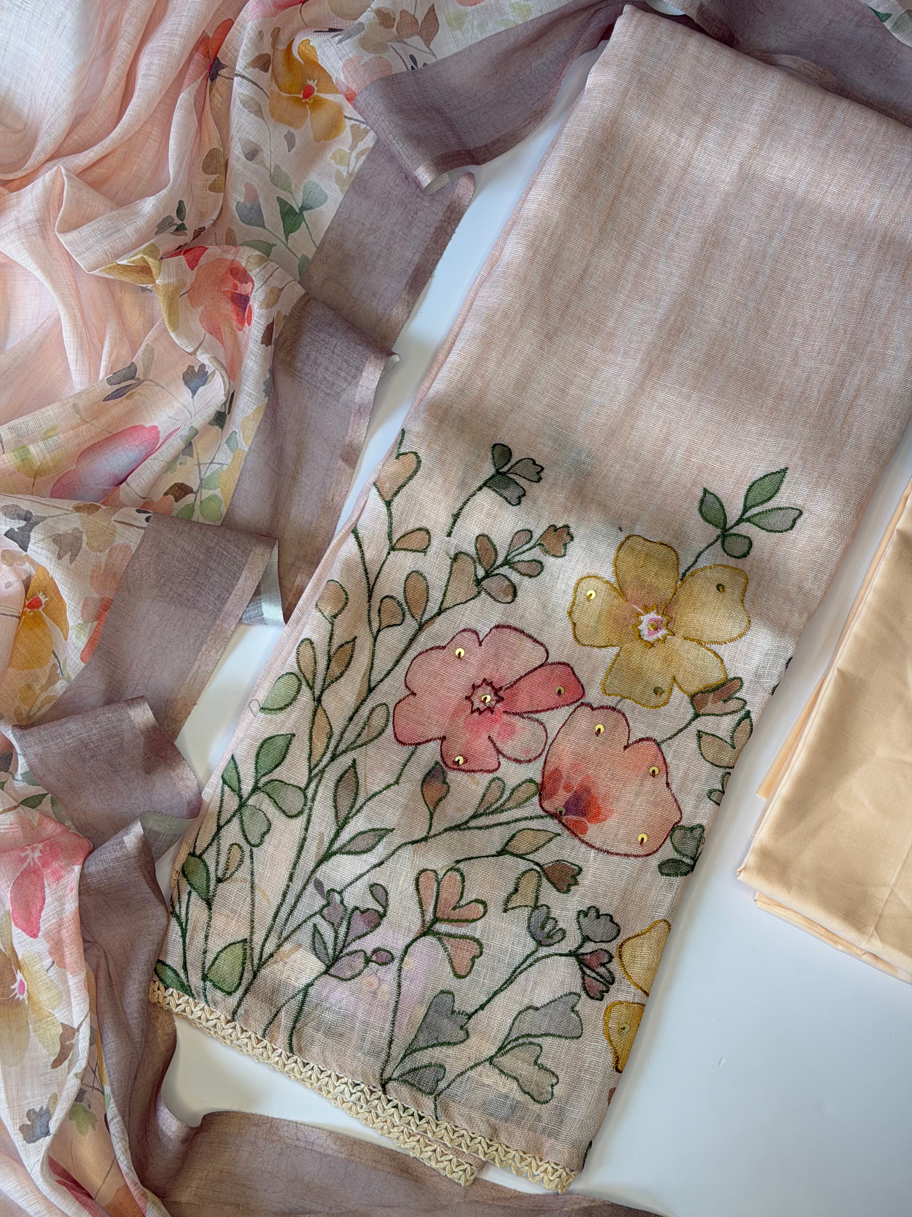Floral Linen Unstitched Suit Set
