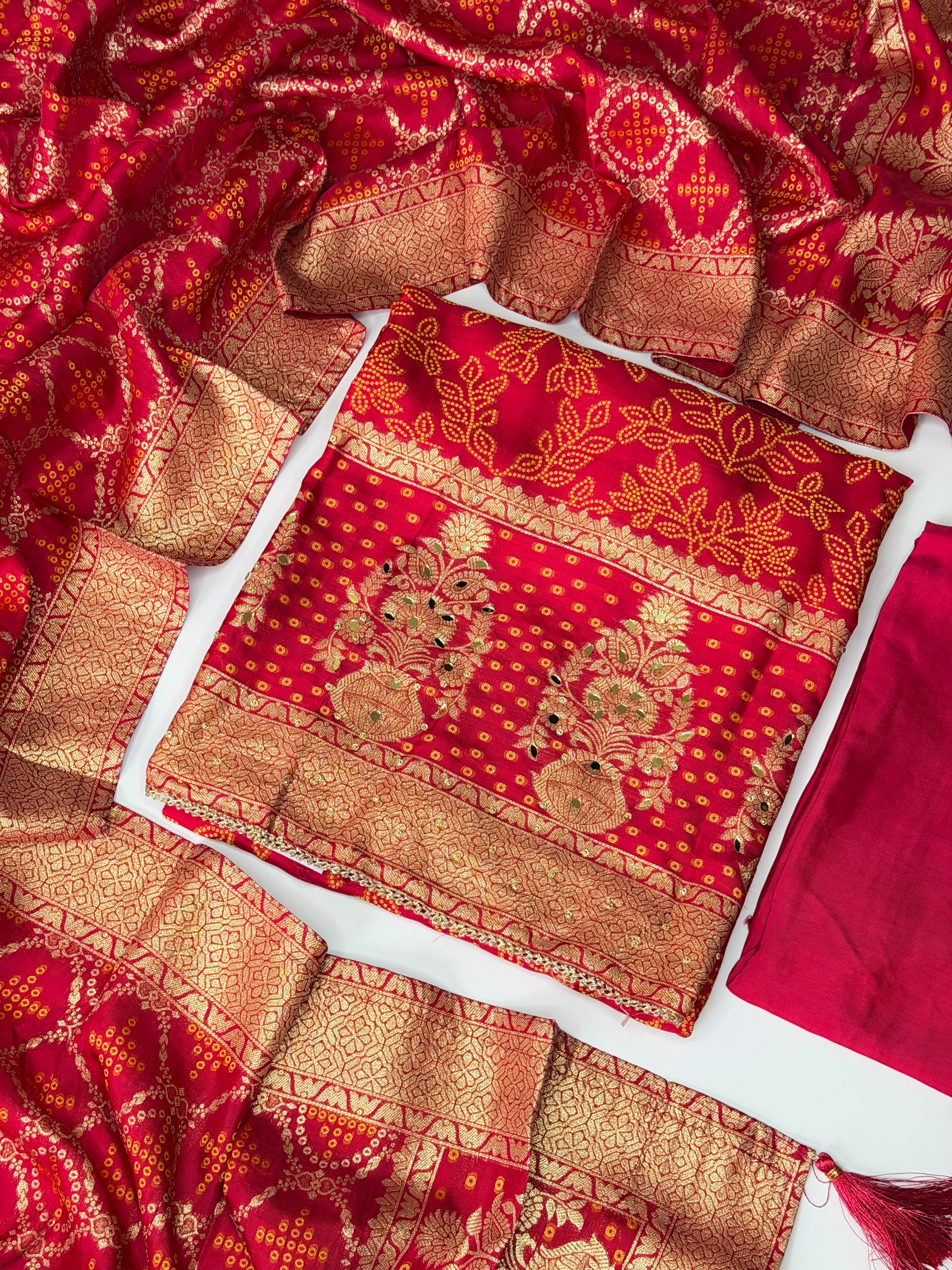Red DOLA silk unstitched suit