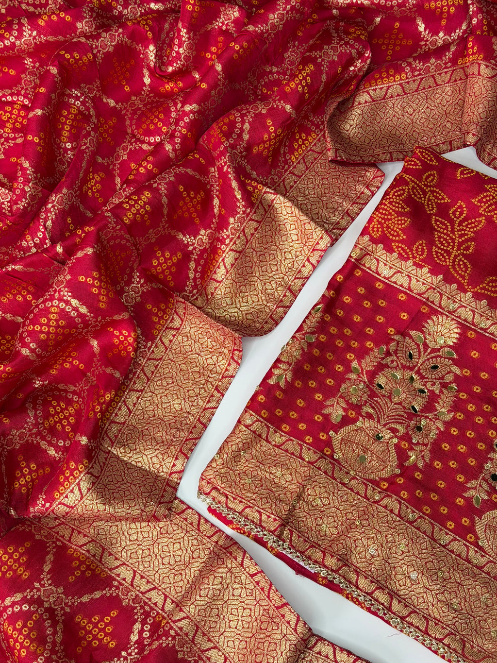 Red DOLA silk unstitched suit
