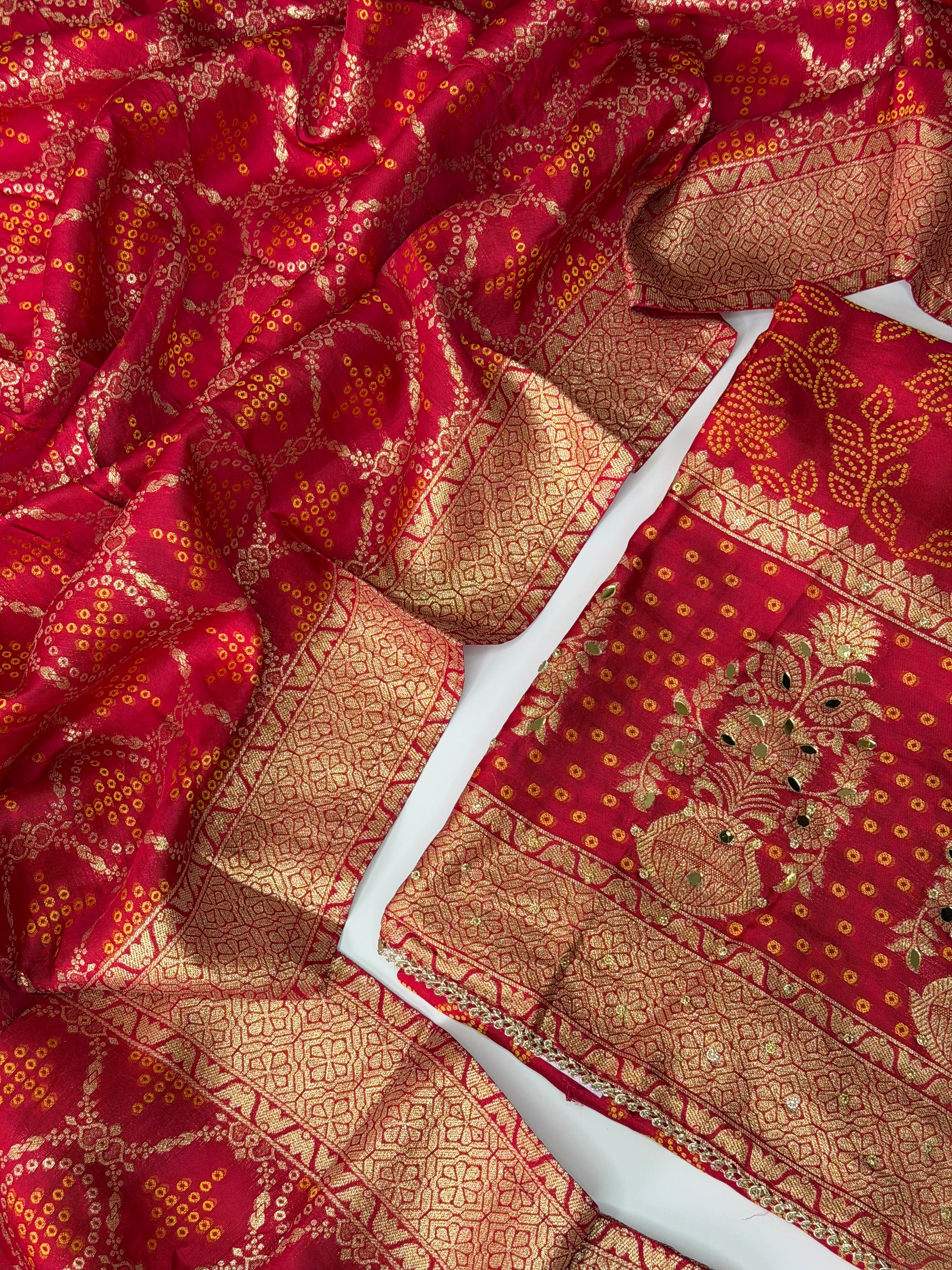Red DOLA silk unstitched suit