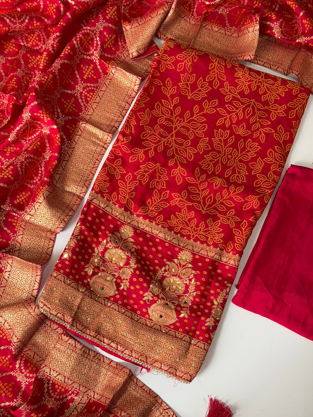 Red DOLA silk unstitched suit