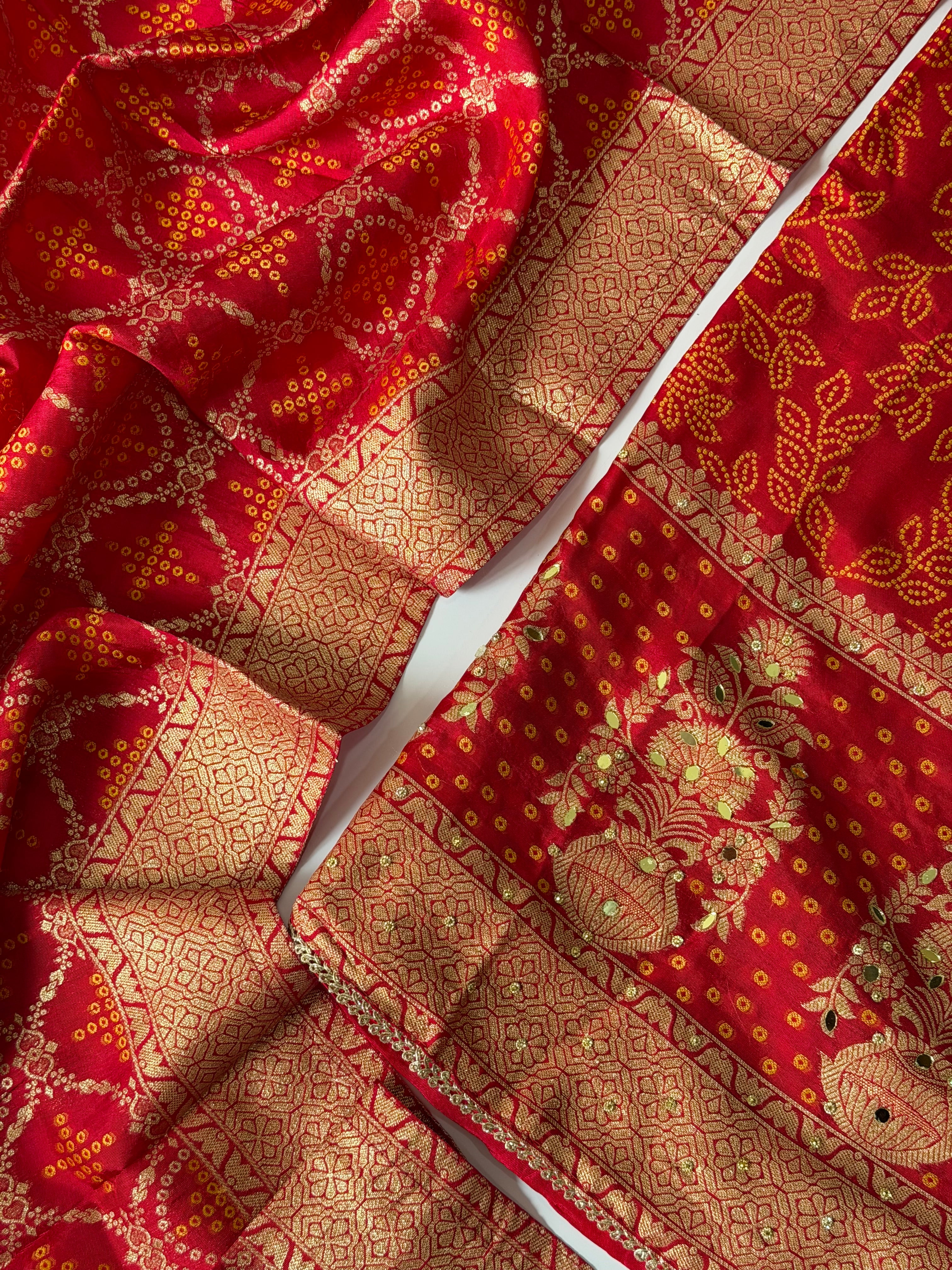 Red DOLA silk unstitched suit