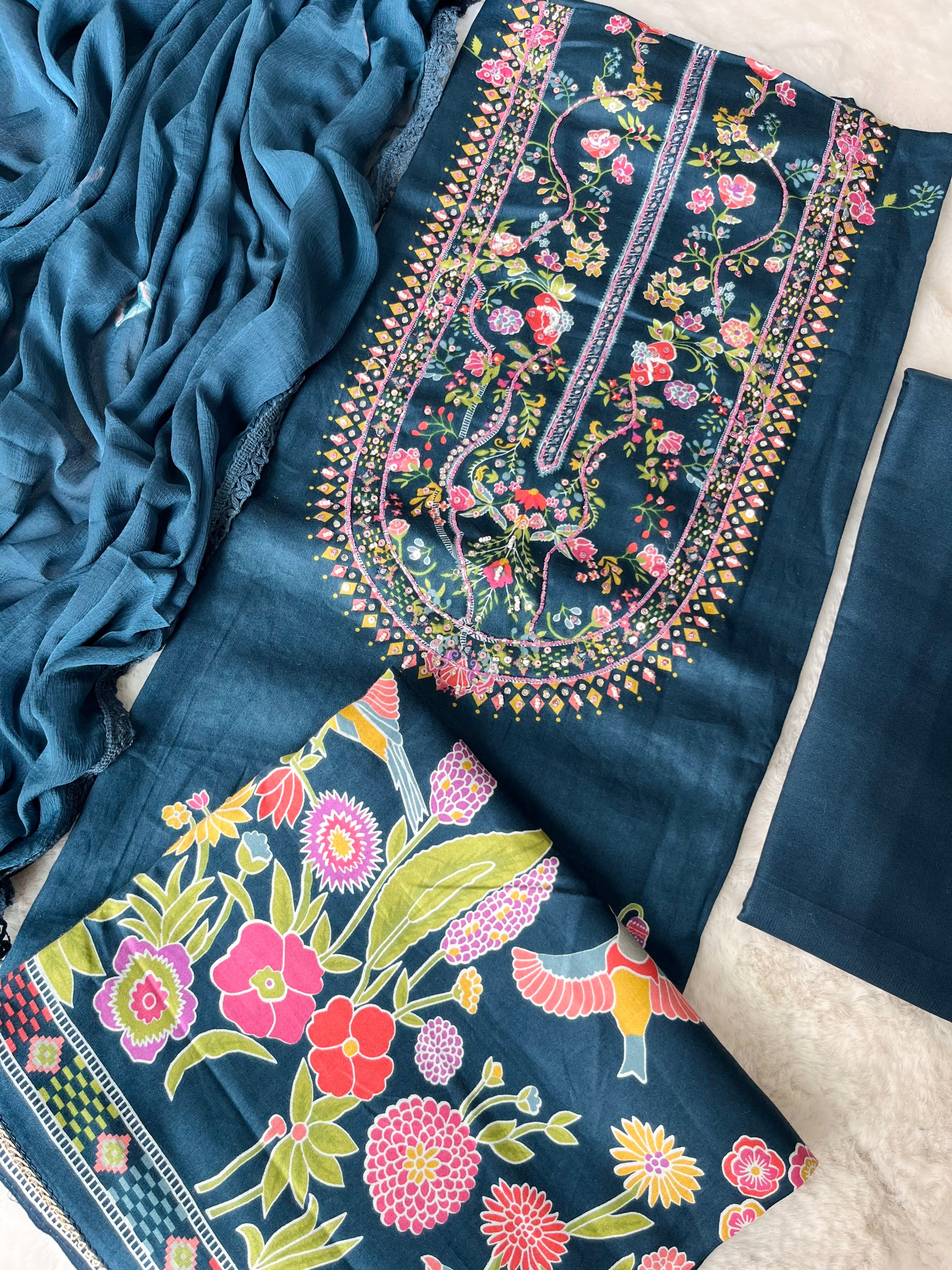 Sapphire Bloom Unstitched Modal Suit