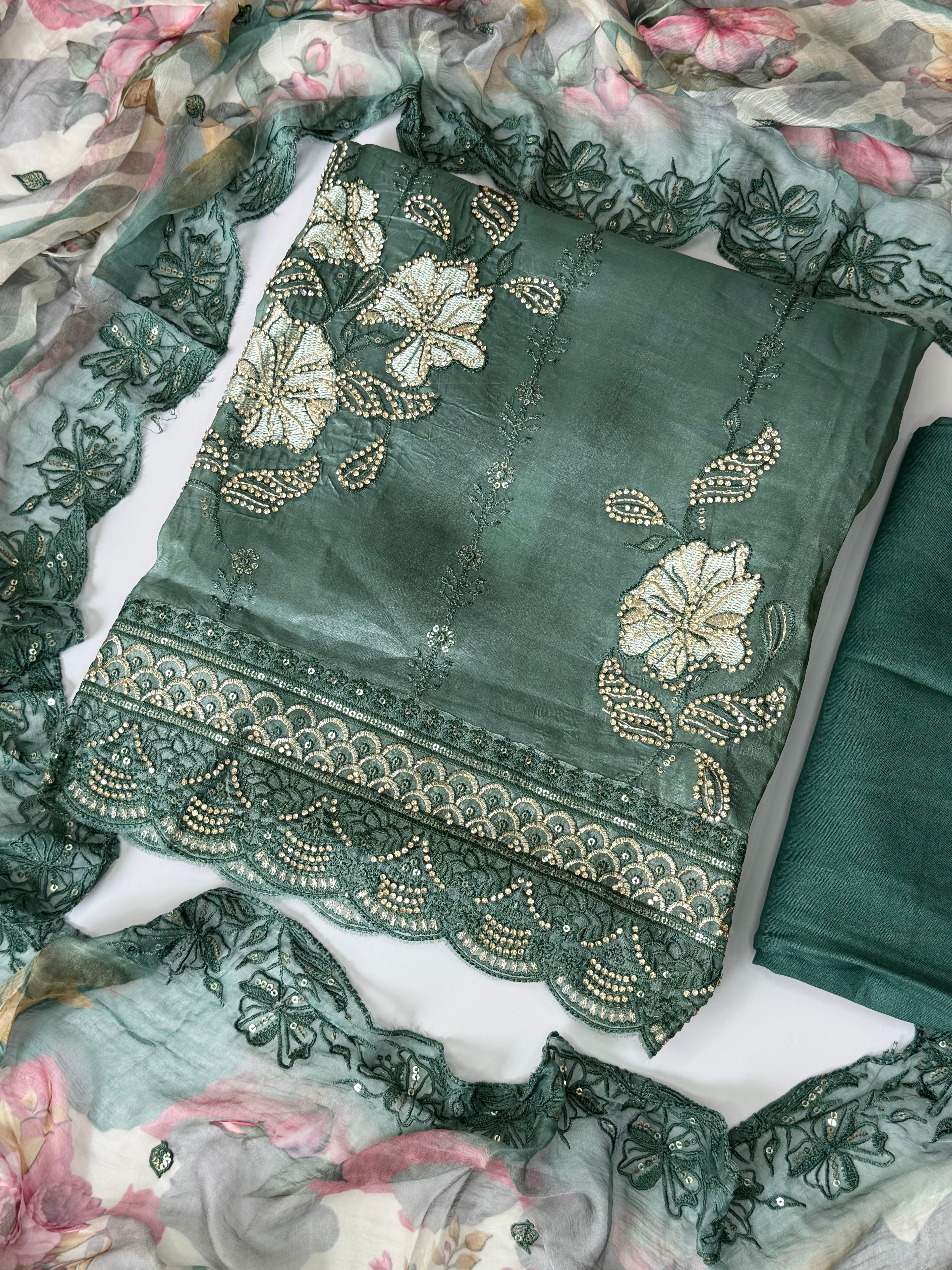 Sage Green Embroidered Muslin Silk Unstitched Suit