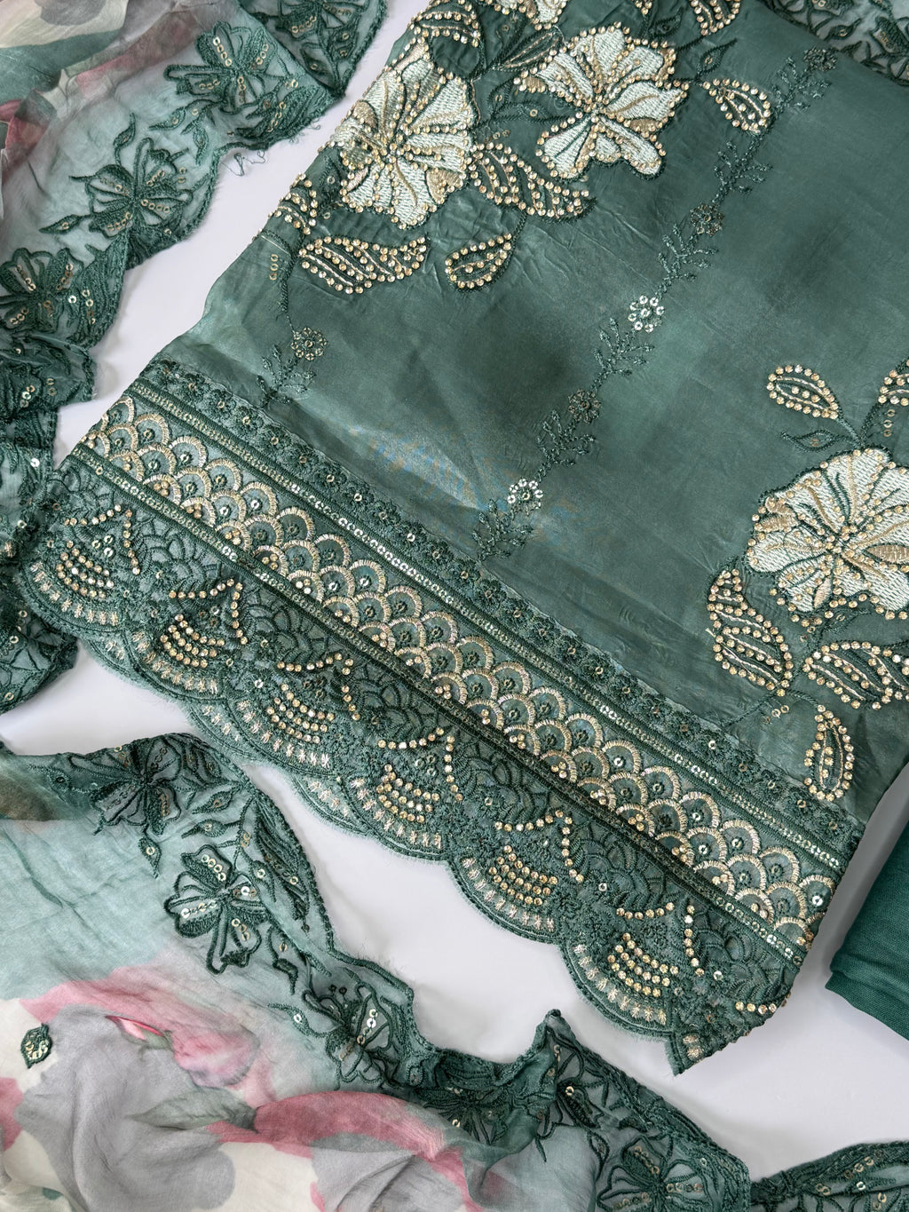 Sage Green Embroidered Muslin Silk Unstitched Suit