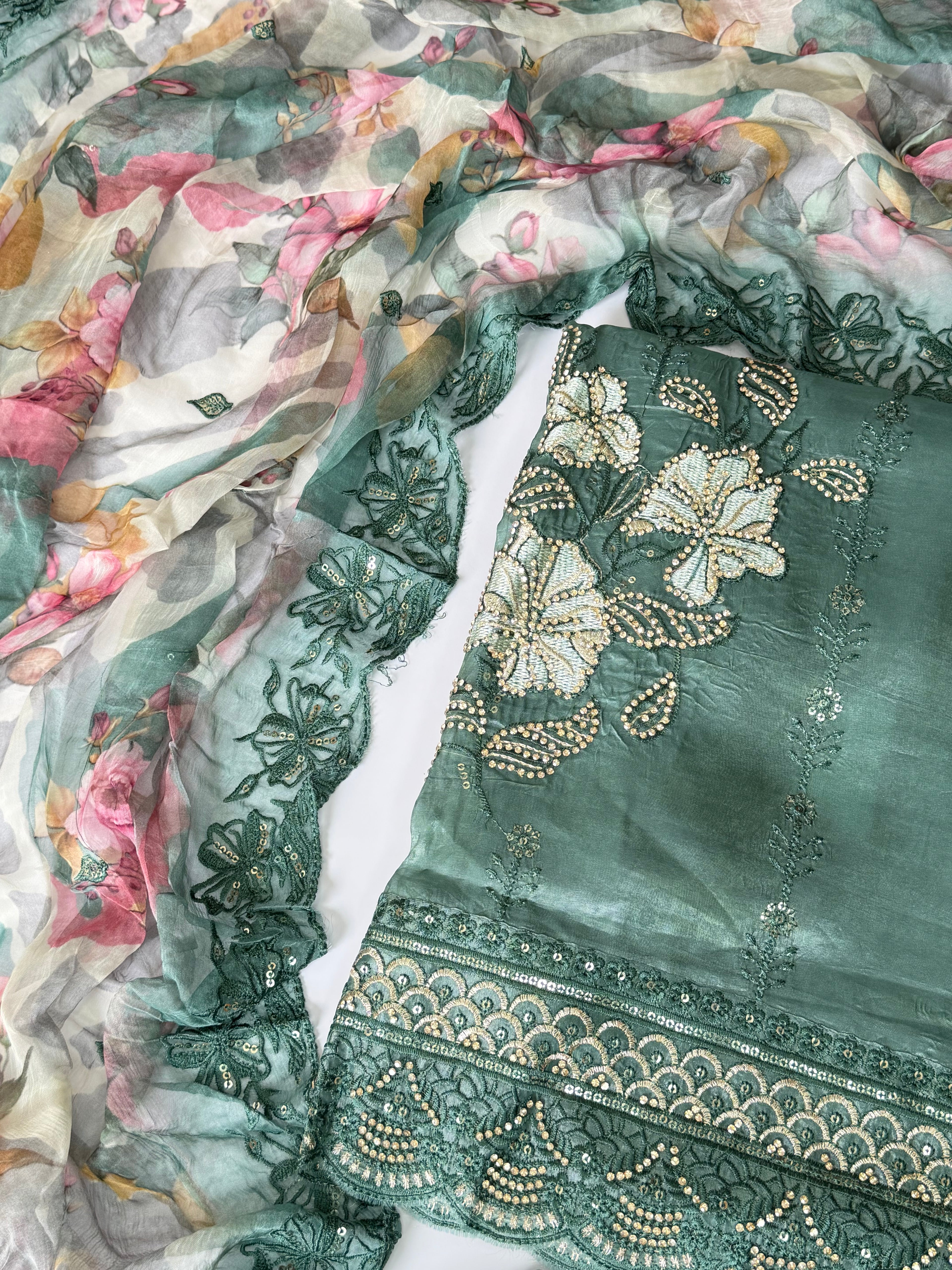Sage Green Embroidered Muslin Silk Unstitched Suit