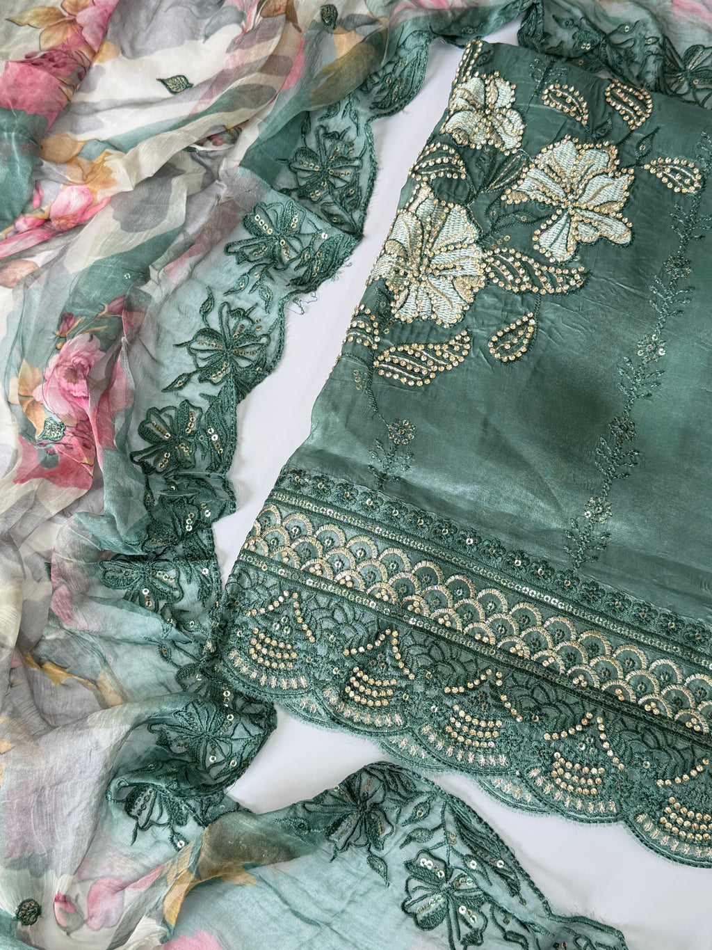 Sage Green Embroidered Muslin Silk Unstitched Suit