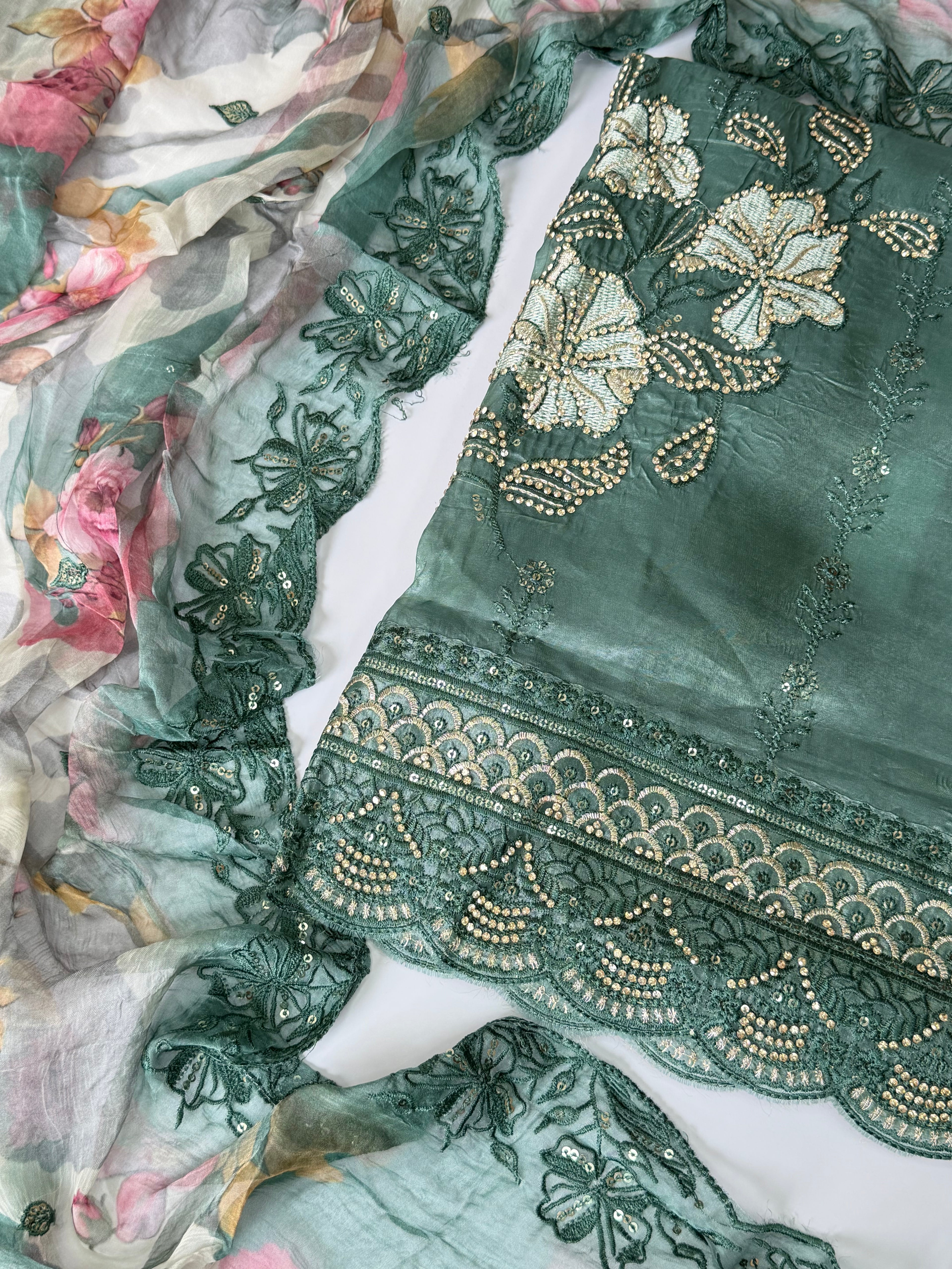 Sage Green Embroidered Muslin Silk Unstitched Suit