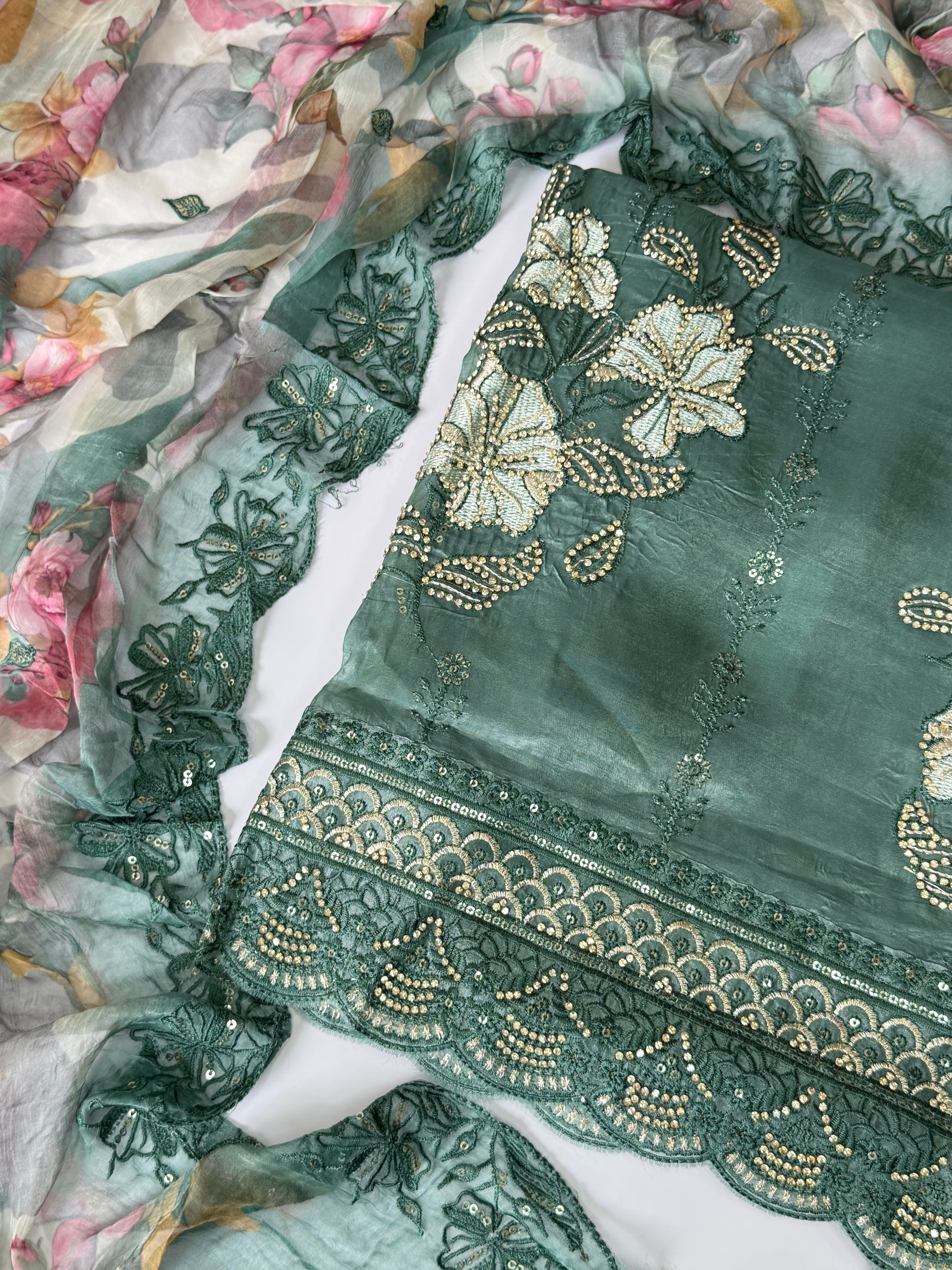 Sage Green Embroidered Muslin Silk Unstitched Suit