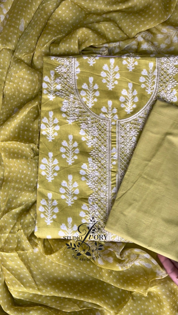 Olive Bloom Unstitched Cotton Suit Set
