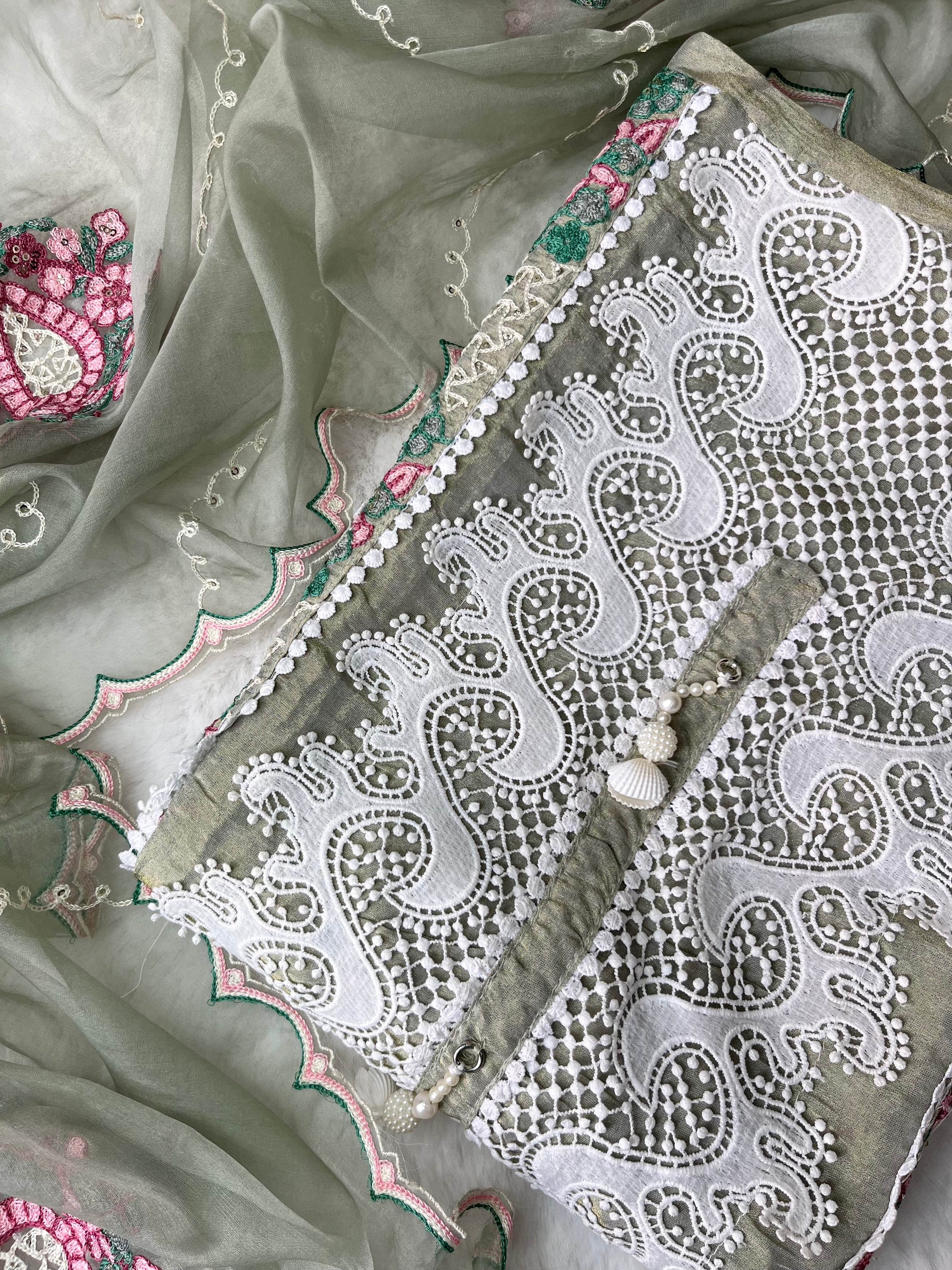 Sage Green Tissue Silk Unstitched Suit