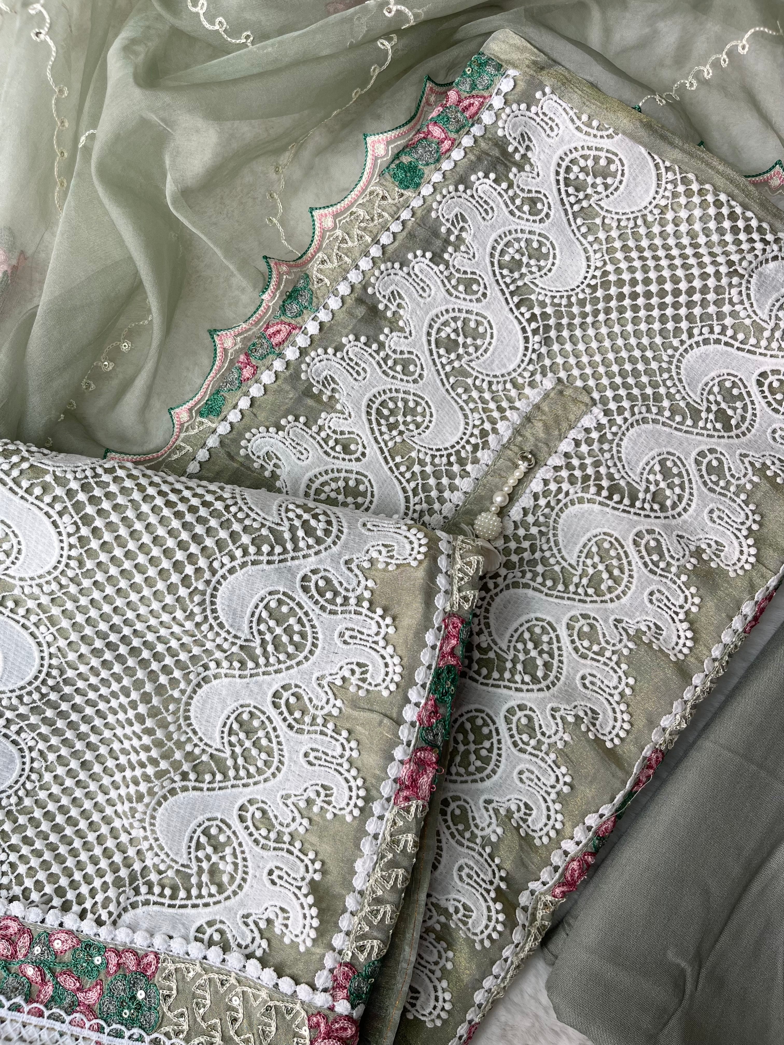 Sage Green Tissue Silk Unstitched Suit
