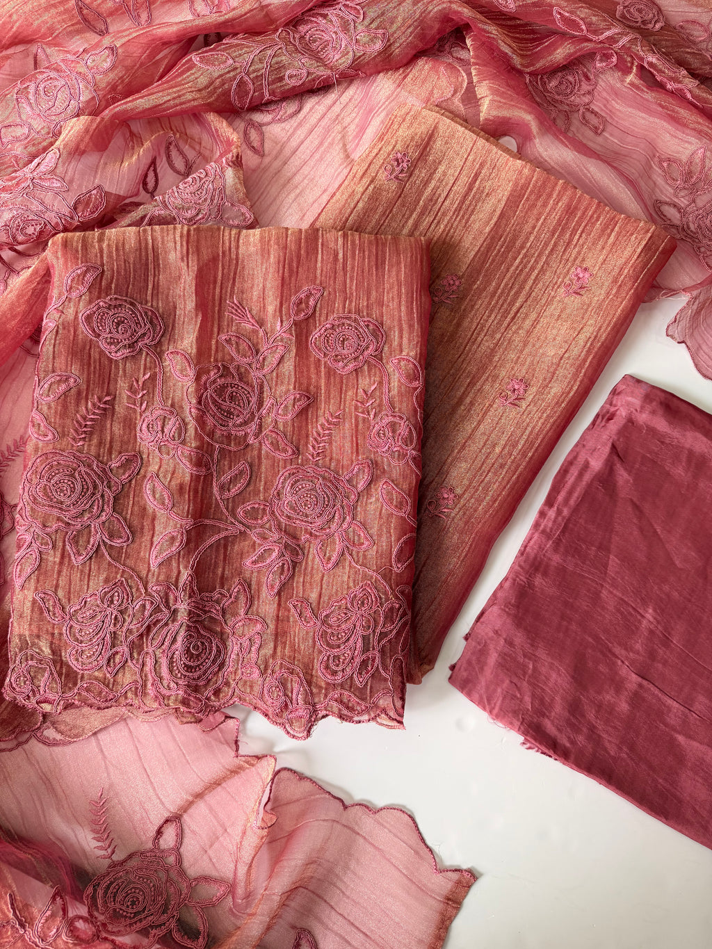 Pink shimmer crush unstitched suit