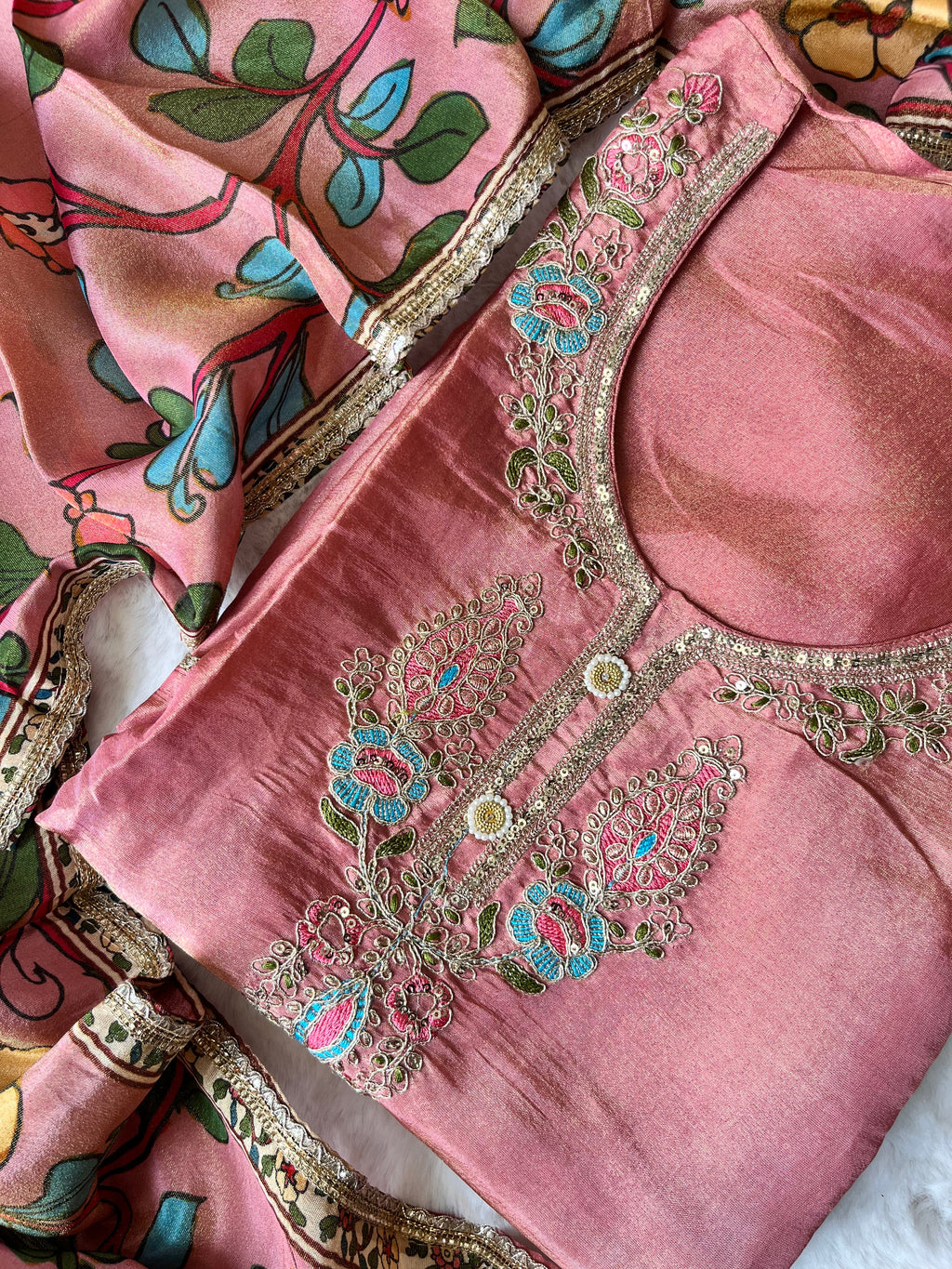 Blush Bloom Tissue Silk Unstitched Suit