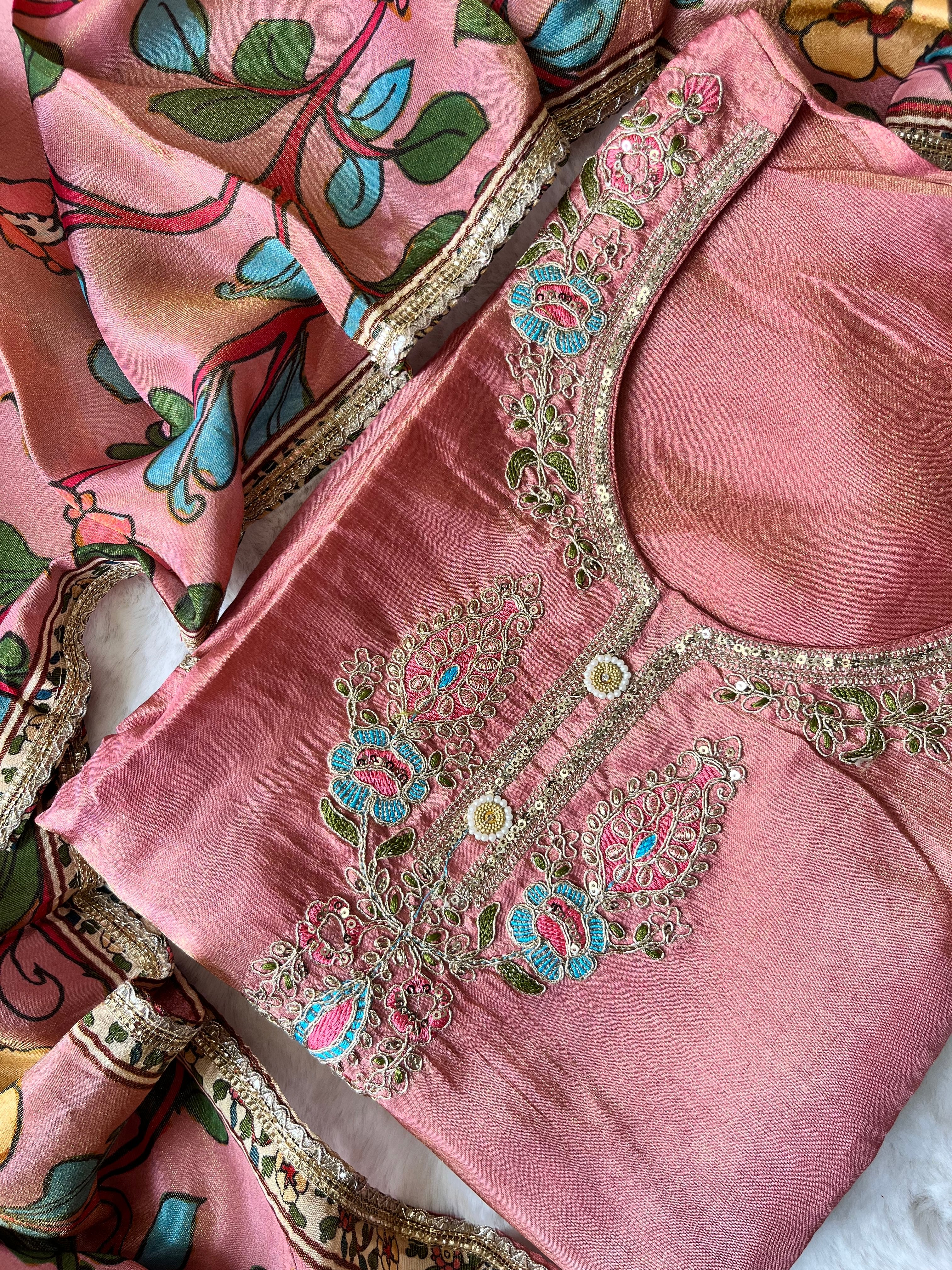Blush Bloom Tissue Silk Unstitched Suit