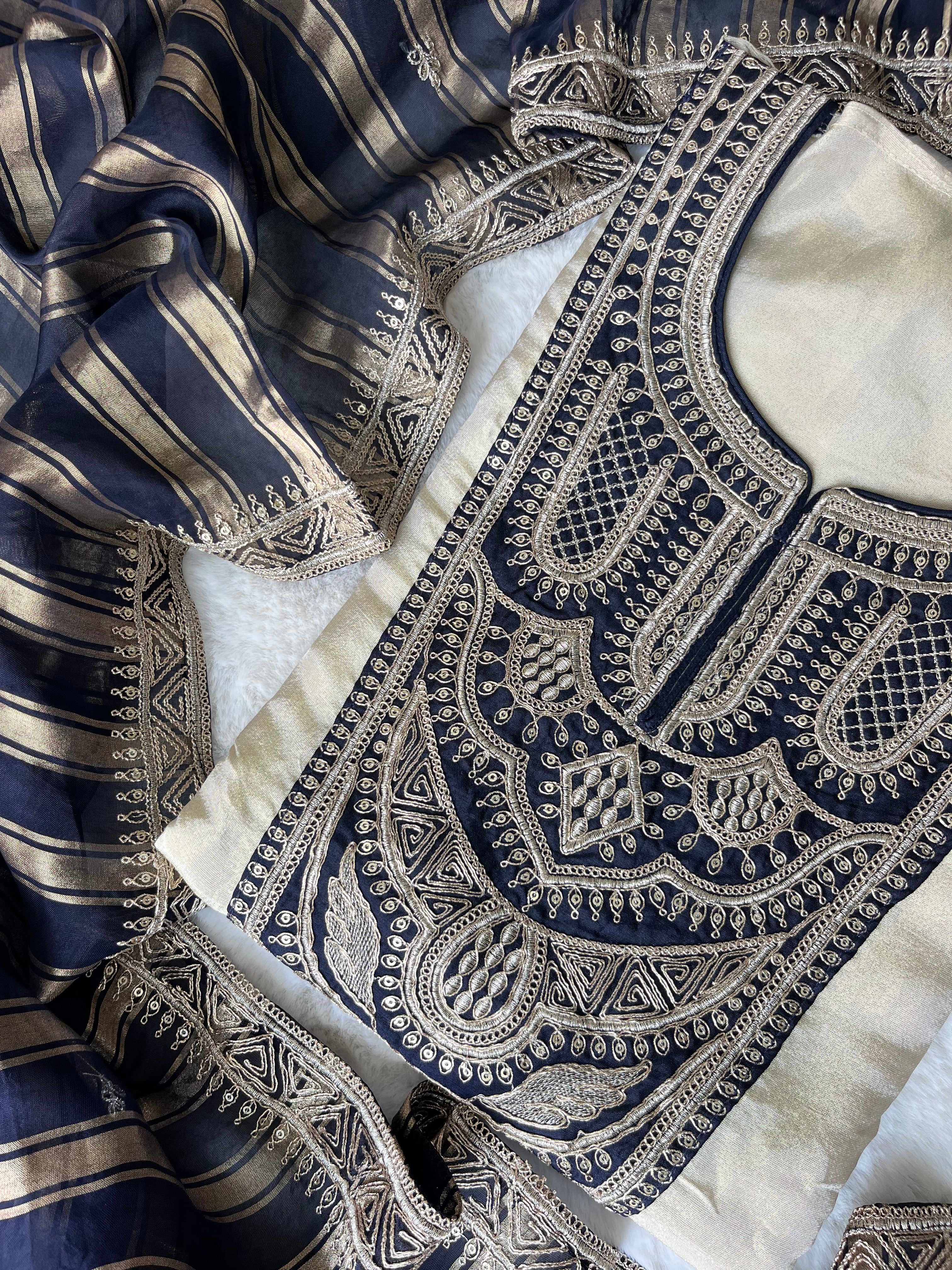 Midnight Bloom Tissue Silk Unstitched  Suit